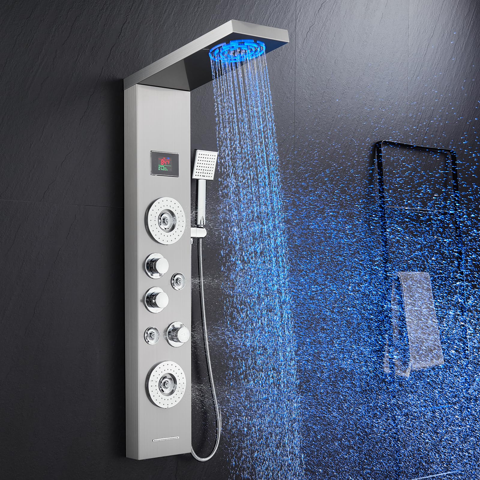 ROVATE 6-in-1 LED Shower Panel Tower System with Rainfall Shower Head, Body Jets, Handheld Spray & Digital Temperature Display - High Pressure Shower Tower with Tub Spout for Luxurious Spa-Like Bathroom Experience