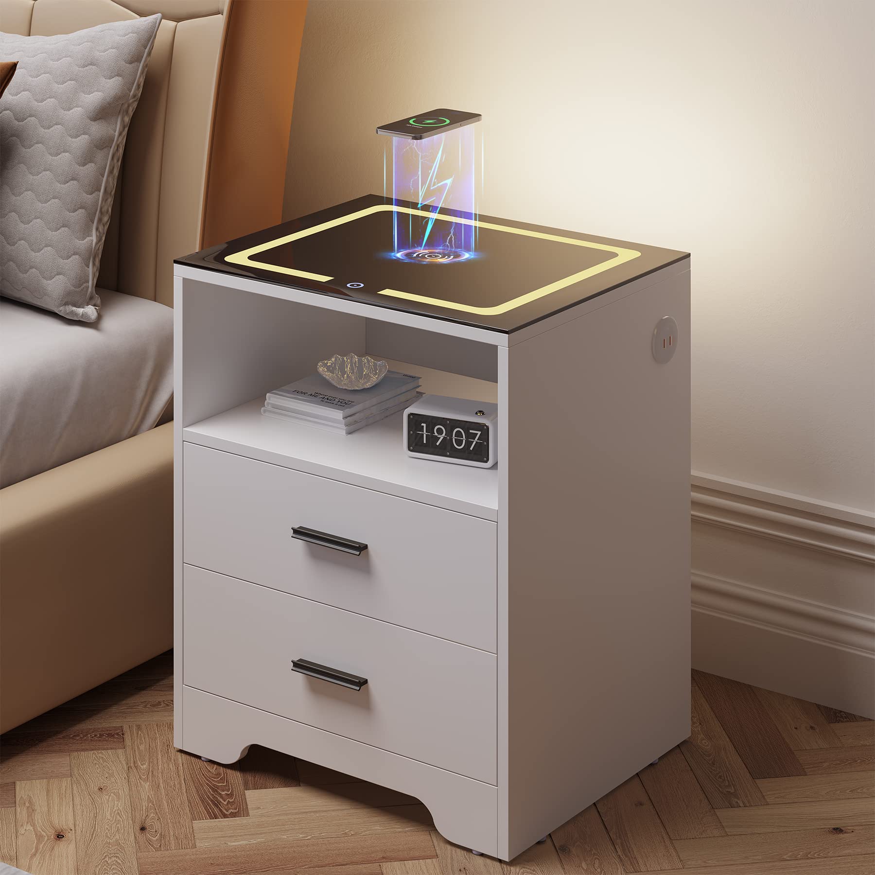 Smart Nightstand with Wireless Charging & USB Port - Modern 3-Color LED Dimmable Lights, 2-Drawer Storage Cabinet - White Bedside Table for Bedroom (Perfect for Phones, Tablets & Bedroom Organization)