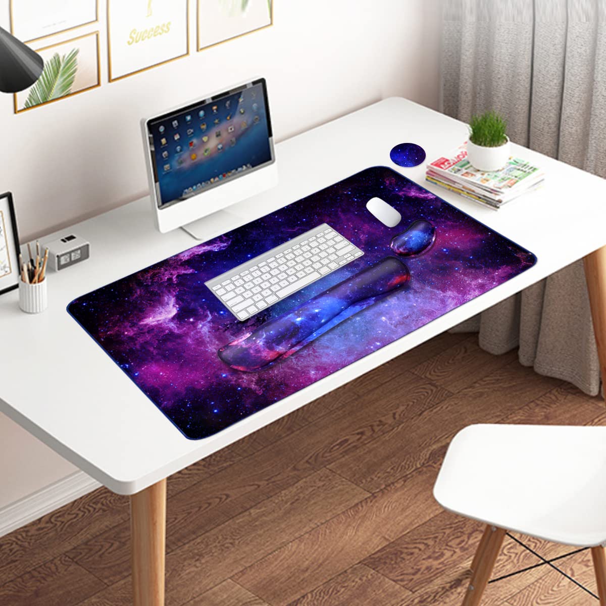 Ergonomic Keyboard and Mouse Pad Set with Memory Foam Wrist Rest - 35.4×15.7 Inch Extended Gaming Desk Mat for Home Office, Study & PC Gaming - 3-Piece Galactic Design Workspace Accessories (Perfect for Long Computer Sessions, Typing Comfort & Gaming Setups)