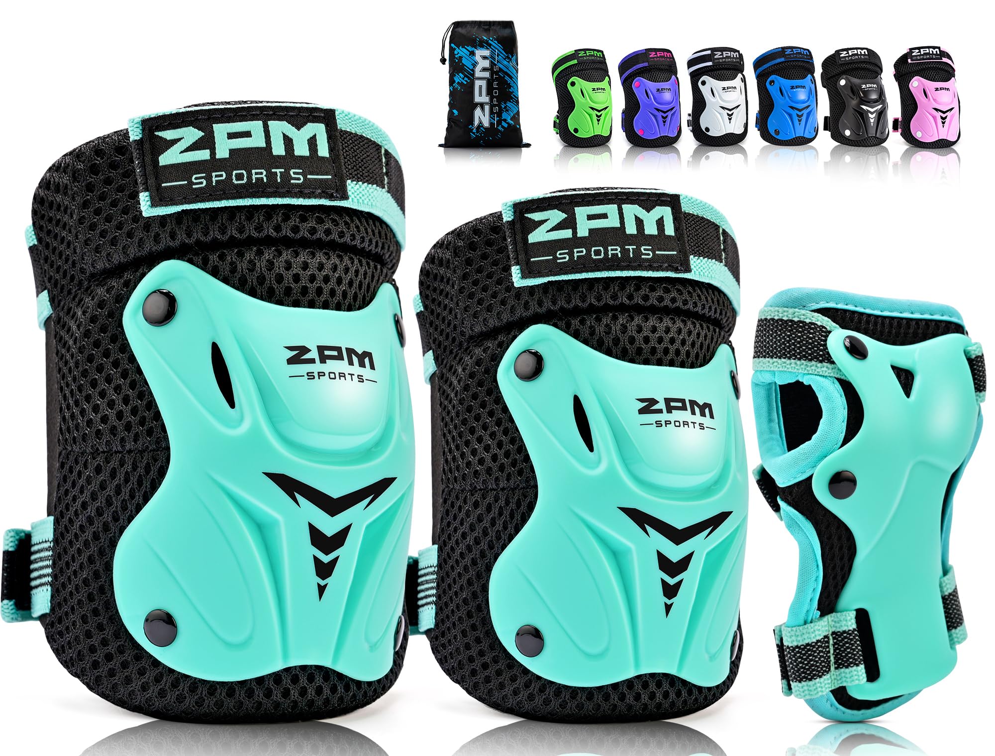 2PM SPORTS Kids Knee Pads Set with Wrist Guards & Elbow Pads - Protective Gear for Roller Skating, Cycling, Skateboarding - Includes Drawstring Bag - Mint Green (Small) - Ideal for Outdoor Sports and Playground Safety