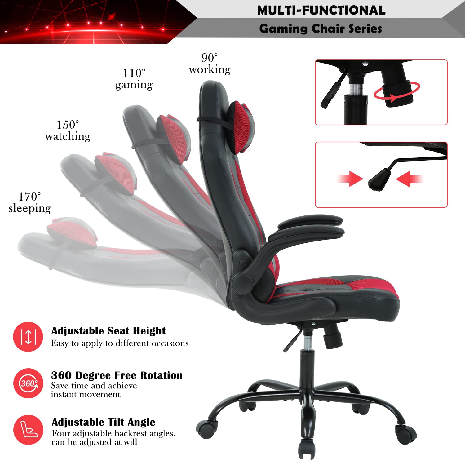 Ergonomic Gaming Chair with Headrest & Flip-Up Arms - High Back PU Leather Racing Office Chair with Lumbar Support & Massage for Adults & Teens - Perfect for PC Gaming, Work & Home Office (Red)