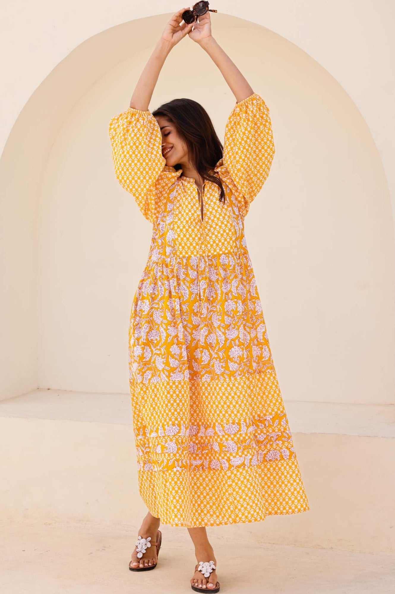 Martha Organic Cotton Mix Print Dress | Dianthus Print Yellow/White Floral Summer Dress for Women - Perfect for Beach Vacation, Garden Party & Casual Outings