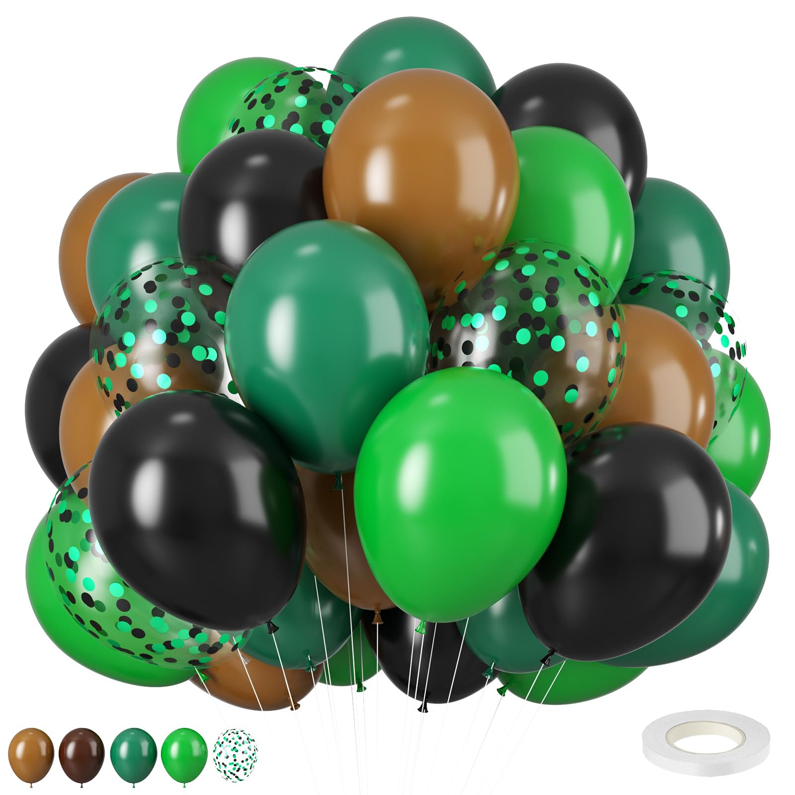 12 Inch Retro Green & Black Latex Balloons with Confetti - Jungle Safari Theme Party Decor for Baby Shower, Wedding, Graduation, Birthday | Perfect for Boys' Video Game Parties & Themed Events
