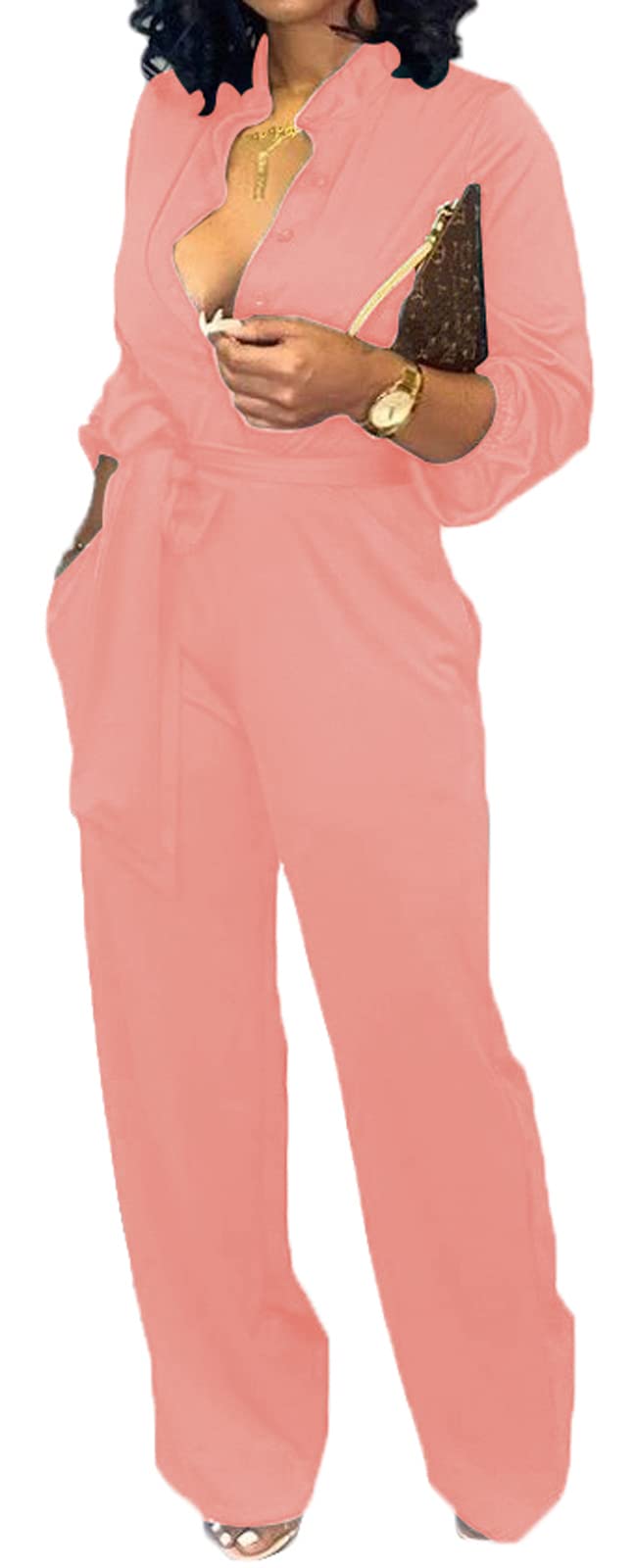 Elegant Women's V-Neck Long Sleeve Jumpsuit with Wide Leg Pants & Belt - Sexy Work Outfit with Pockets for Office, Party & Casual Wear