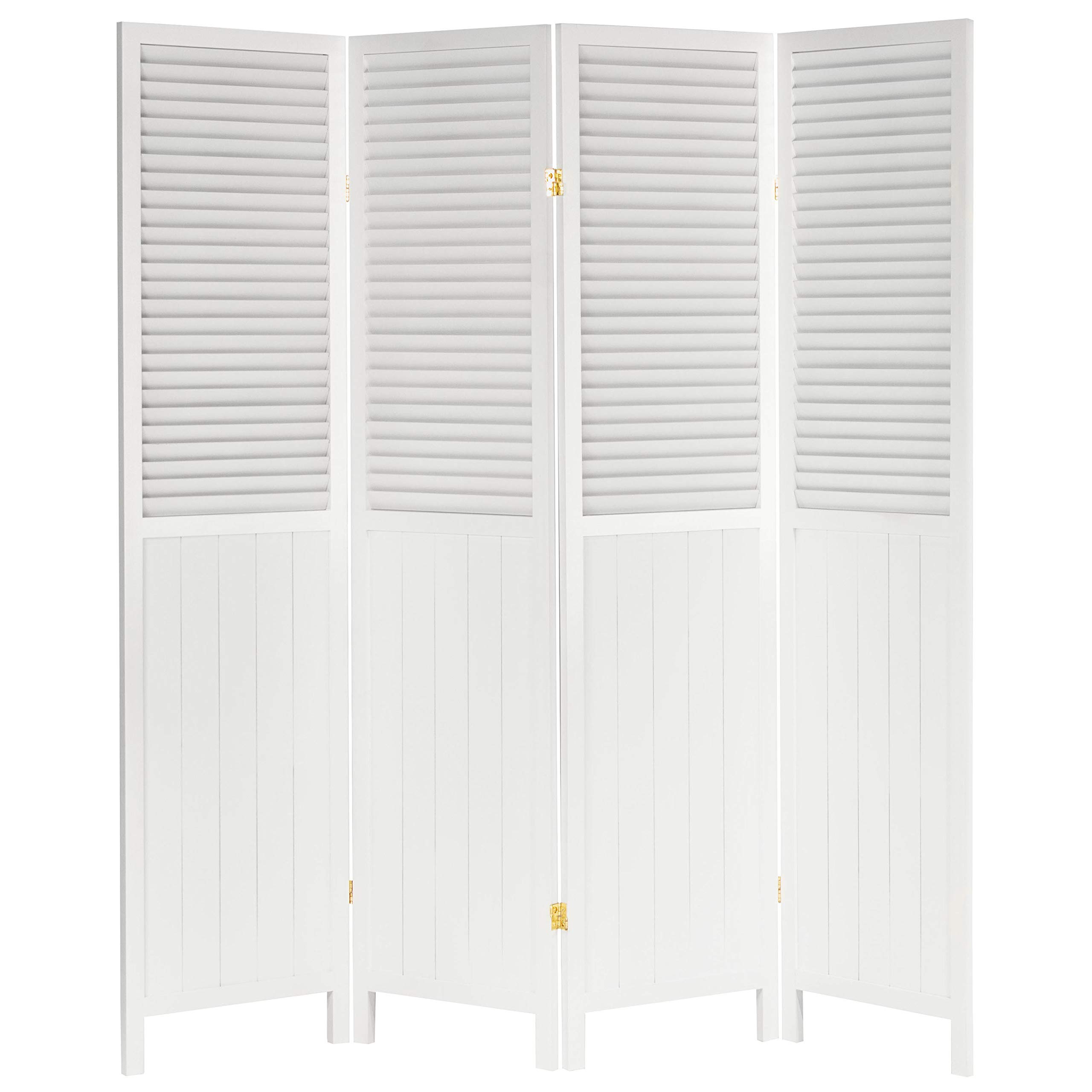 6 ft. Tall Red Lantern Louvered Beadboard Room Divider - White 4 Panel Folding Privacy Screen for Living Room, Bedroom, or Office Partition