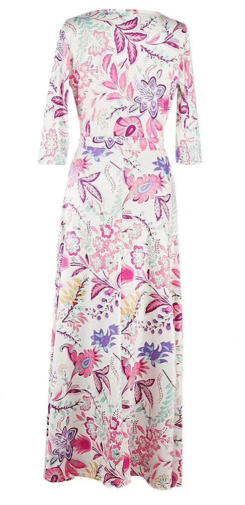 Afibi Women's Bohemian 3/4 Sleeve Faux Wrap Maxi Dress with Belt - Flowy Summer Beach Dress for Vacation, Date Night & Casual Wear
