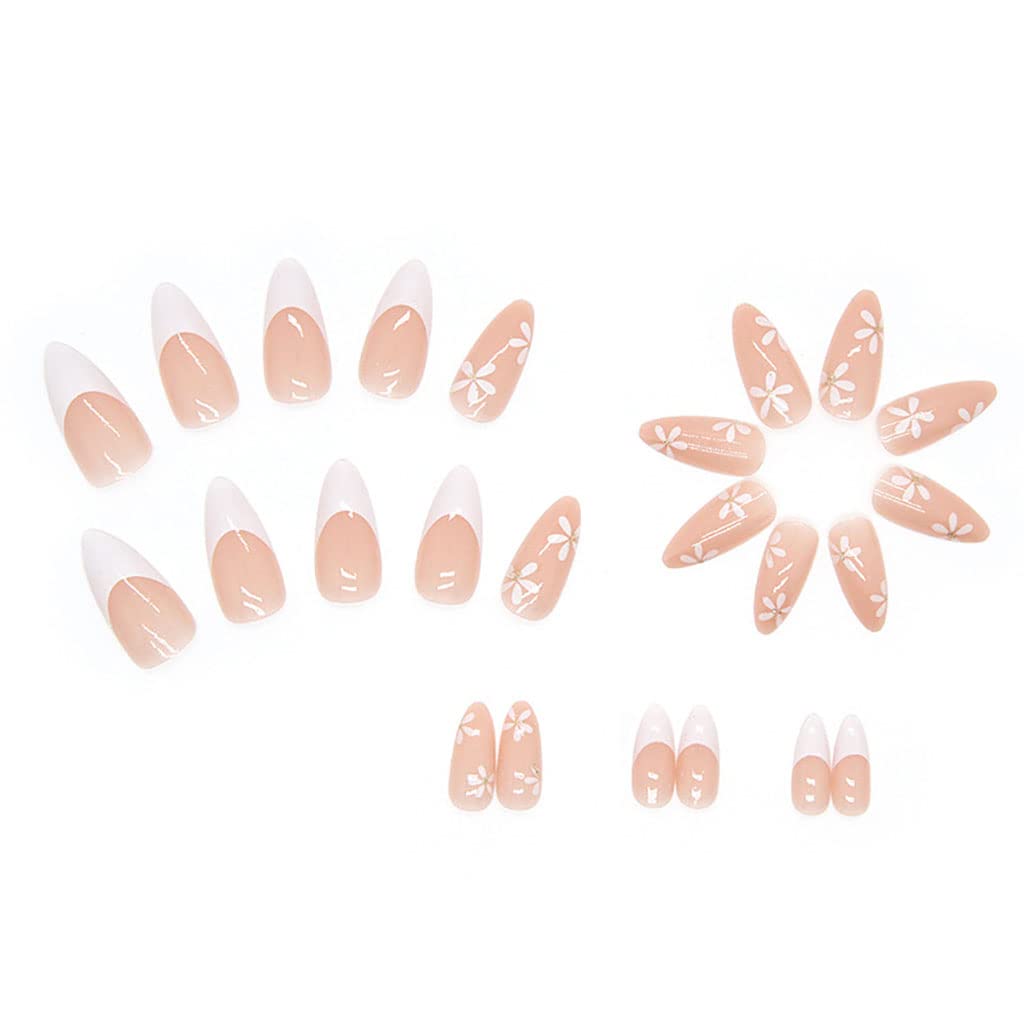 RikView French Tip Press on Nails - Medium Length Fake Nails with White Floral Design, Almond Shaped Acrylic Nails for Women | Perfect for Weddings, Parties & Daily Wear