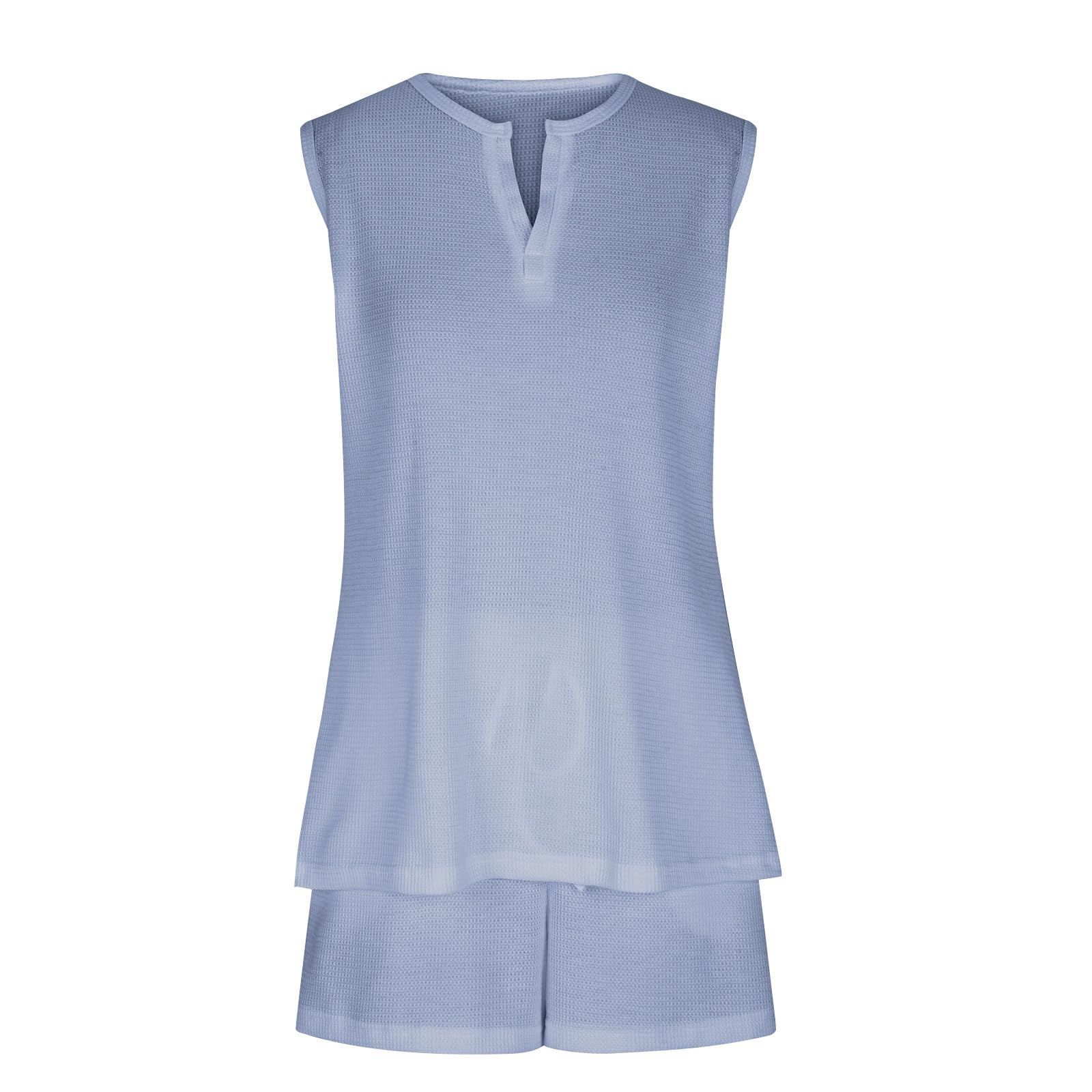Women's Casual Summer Lounge Sets 2024 - Sleeveless Knit Waffle Top & Drawstring Shorts - Loose Comfortable Travel Outfits for Home, Beach & Vacation