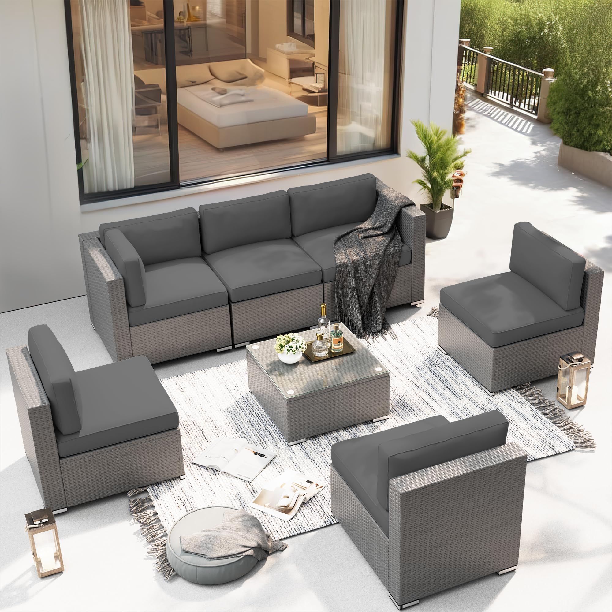 SOLAURA 7-Piece Outdoor Patio Furniture Set - Grey Wicker Sectional Sofa with Glass Coffee Table & Grey Cushions - Weather-Resistant Garden Conversation Seating for Backyard, Poolside or Terrace Relaxation