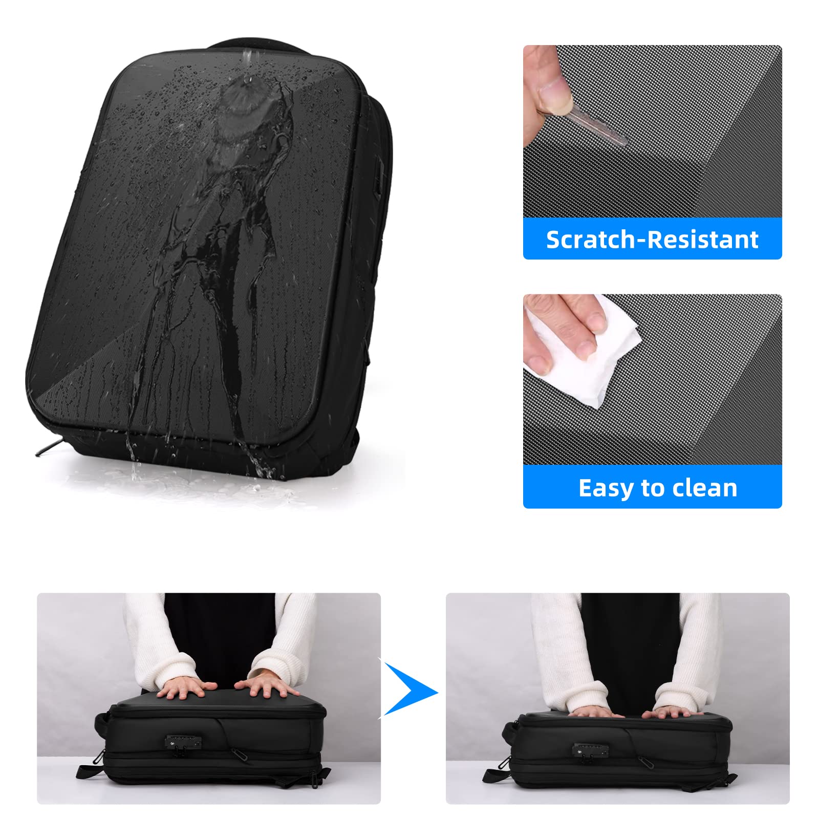 FENRUIEN Anti-Theft Laptop Backpack for Men - Expandable Waterproof Hardshell Business Backpack with USB Charging Port - 15.6 Inch Travel Computer Bag for Work, Commuting & College (Black)