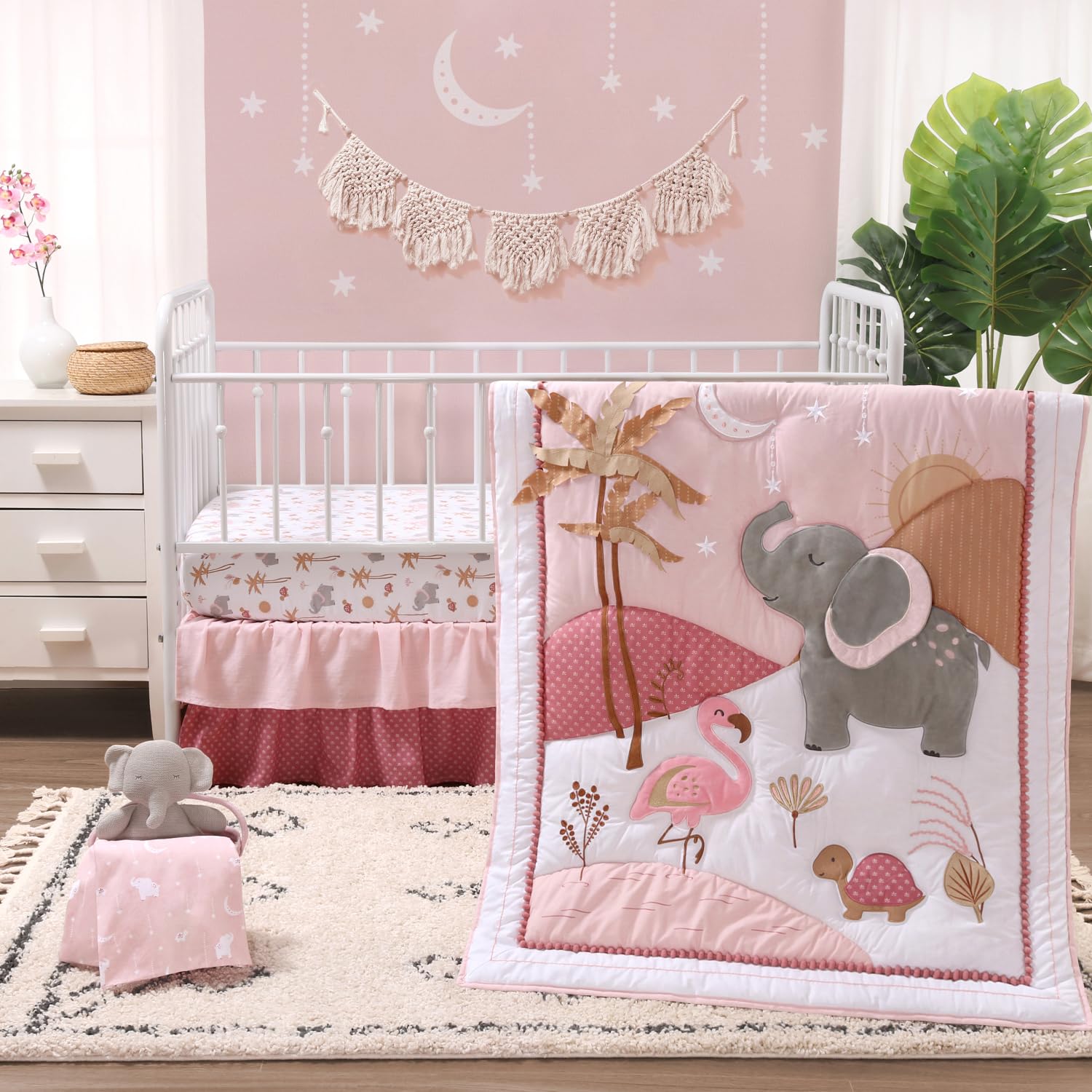 Organic Cotton Baby Crib Bedding Set for Girls - 4 Piece Nursery Set with Crib Sheets, Dust Ruffle & Comforter | Safari Oasis Theme | Newborn, Infant & Toddler Bedding | Perfect for Nursery Decor, Baby Showers & Gender Reveal Gifts