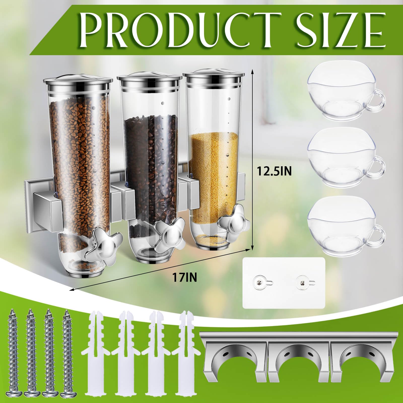Umigy Triple Dry Cereal Dispenser - Wall Mounted 39oz Food Storage Container for Pantry, Kitchen & Snacks with 3 Measuring Cups (Silver) | Perfect for Cereal, Nuts, Candy & Bulk Food Organization