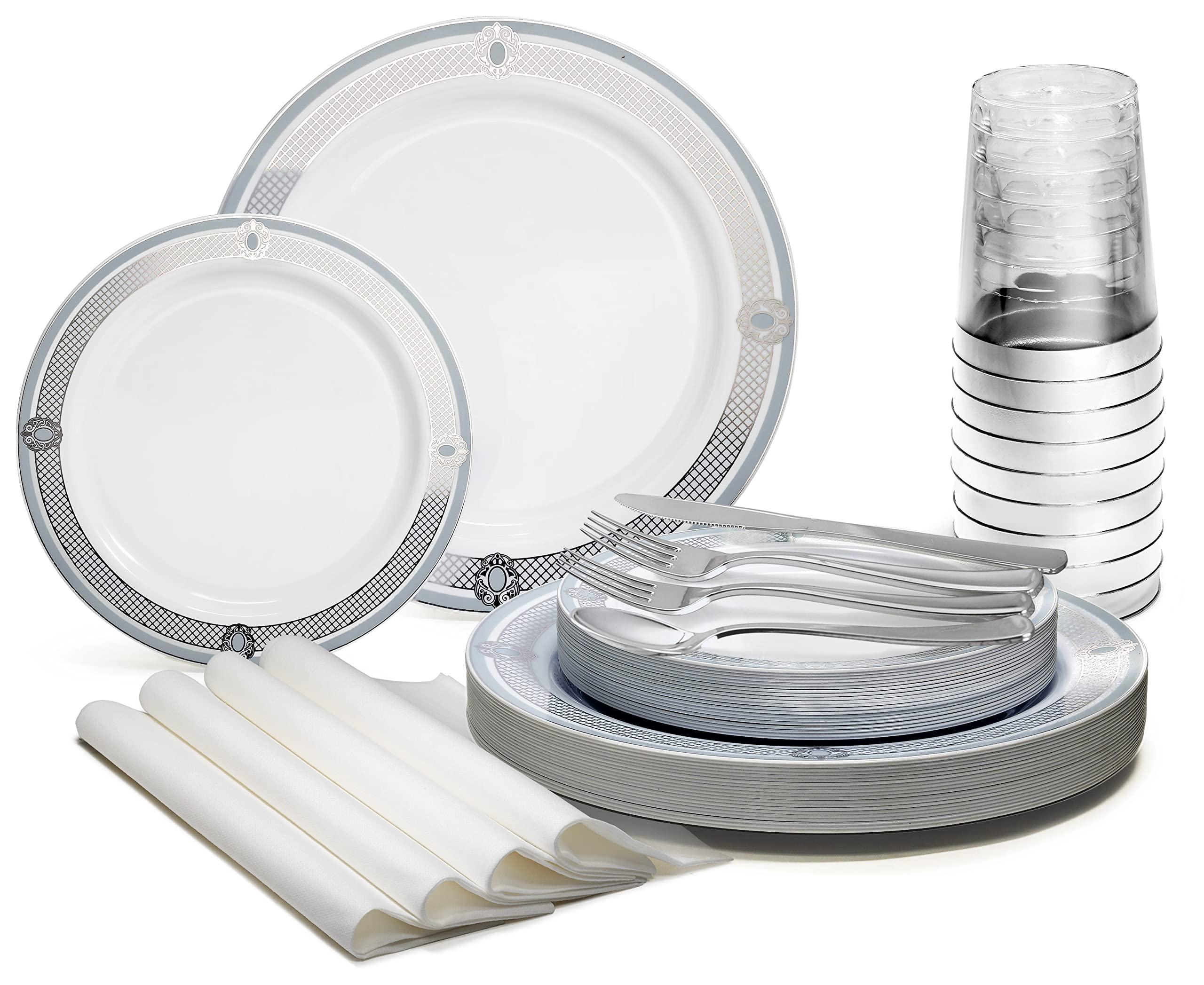 960-Piece Disposable Plastic Plate Set for Weddings & Parties - Includes 120 x 10.25'' Plates, 120 x 7.5'' Plates, Silverware, Cups & Napkins (Royal White/Blue & Silver) - Perfect for Large Events, Catering & Outdoor Gatherings