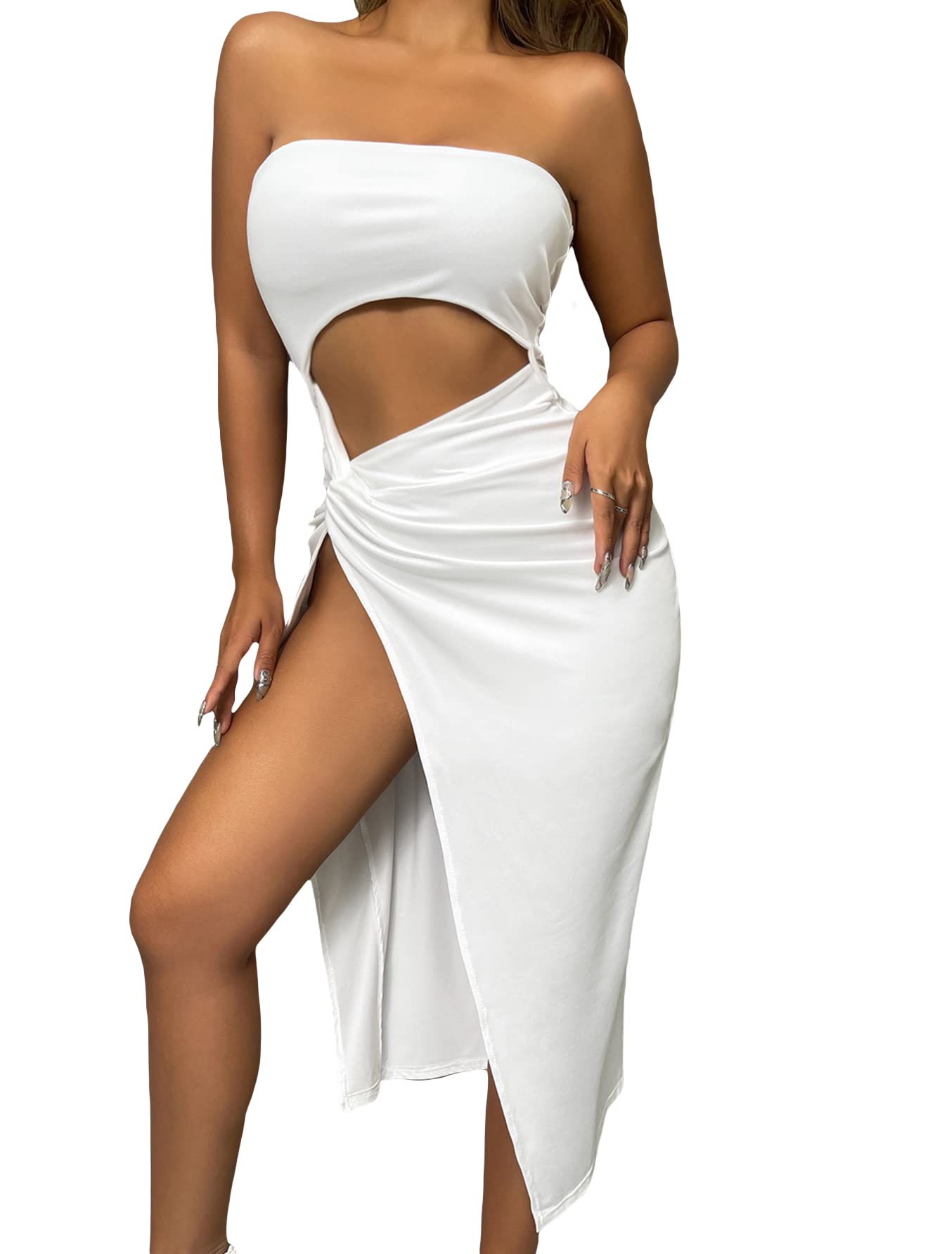 SheIn Women's Sexy Cut Out Twist Front Split Thigh Bodycon Midi Dress - Strapless Sleeveless Party Club Dress for Night Out, Date Night & Special Occasions