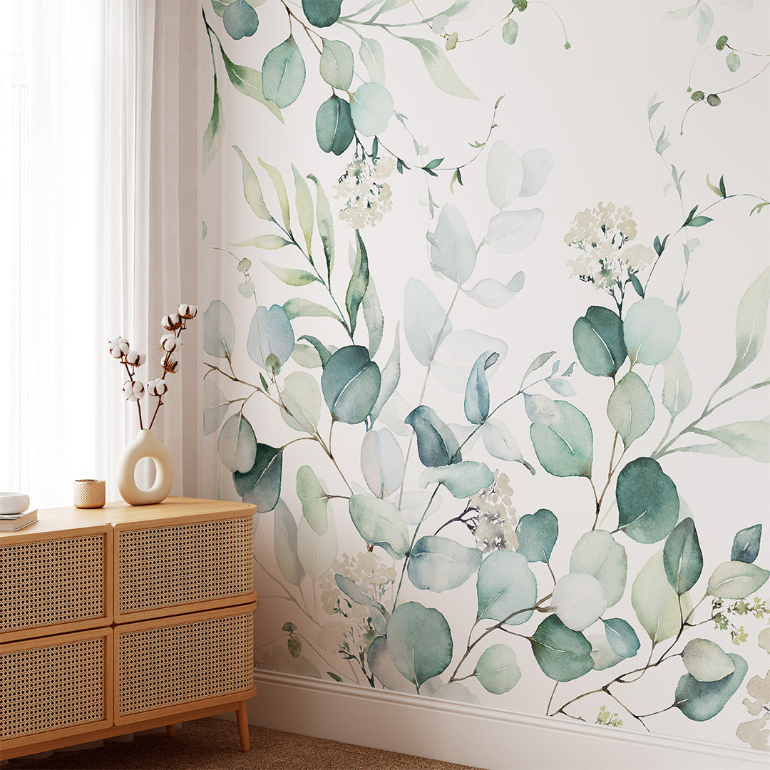Green Eucalyptus Branches Wall Mural CCM110 - Natural Botanical Peel and Stick Wallpaper for Bedroom, Living Room & Office Decor