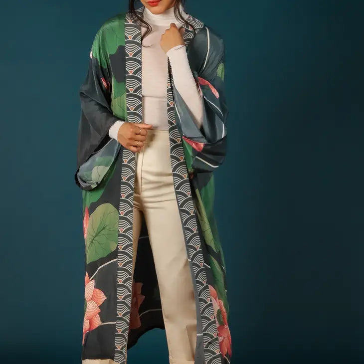 Elegant Crane At Sunrise Kimono Gown - Japanese Inspired Floral Robe for Women - Perfect for Spa Days, Yoga, and Relaxation at Home