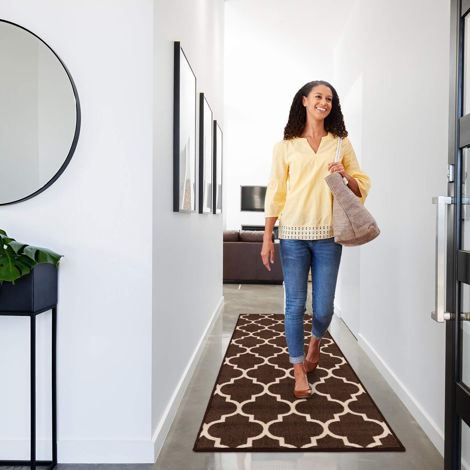 Non-Slip Moroccan Trellis Carpet Runner - 12x26 Inch Skid-Resistant Rug in Coffee Brown & Vanilla Cream - Perfect for Hallways, Stairs, and Entryways - Home Decor & Safety Floor Mat