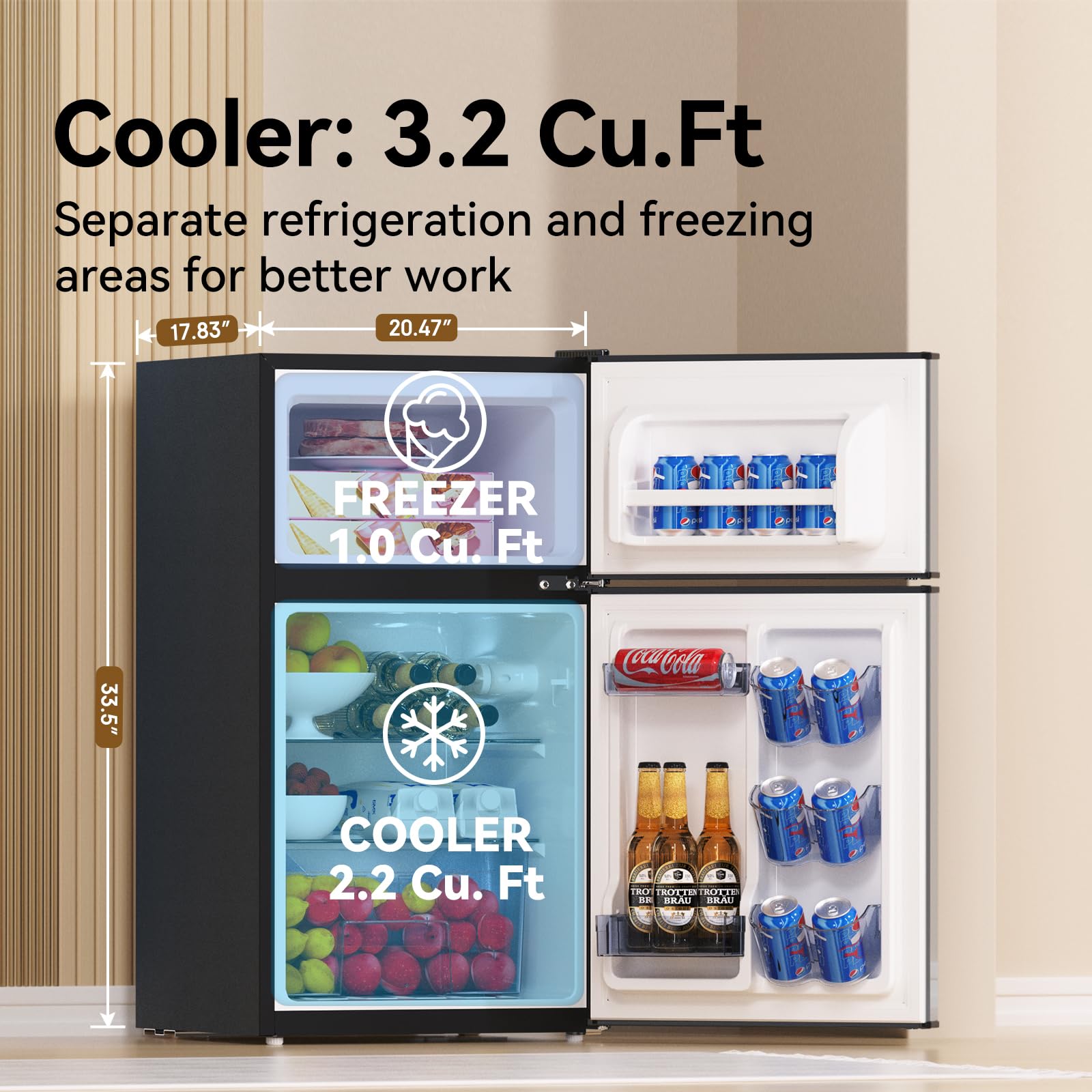 3.2 Cu.Ft. Mini Fridge with Freezer - 2 Door Compact Refrigerator for Bedroom, Dorm, Office | Quiet 37dB Operation, Stainless Steel Design | Perfect for Drinks, Snacks & Small Spaces