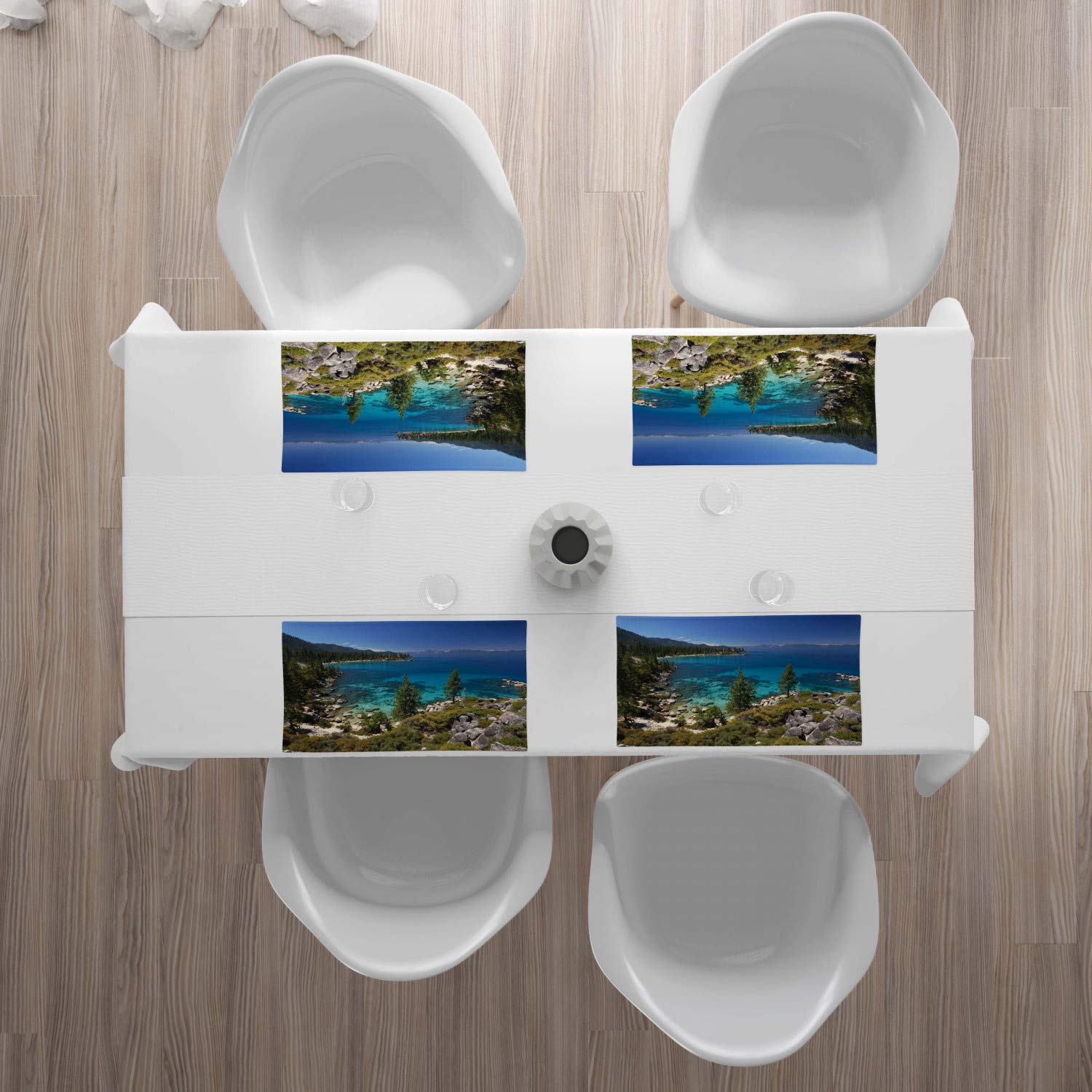 Ambesonne Lake Forest Placemats Set of 4 - Natural Scenery Lake Tahoe Kayaking Shore Rocks - Washable Fabric Dining Table Mats for Kitchen & Dining Room Decor in Aqua Blue, Emerald & Pale Grey - Perfect for Dinner Parties, Holiday Gatherings & Everyday Meals