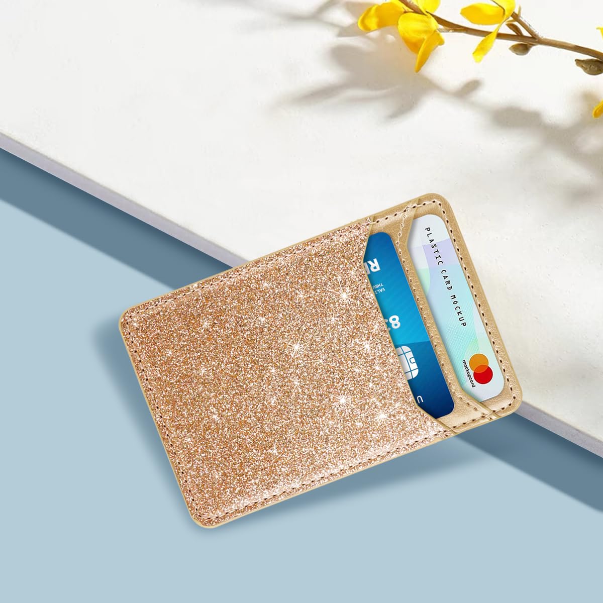 Self Adhesive Card Holder for Phone Back - Leather RFID Blocking Phone Wallet with Sticky Back - Credit Card Sleeve for Phone Case (Glitter Gold) - Perfect for Contactless Payments, ID Storage & Everyday Convenience