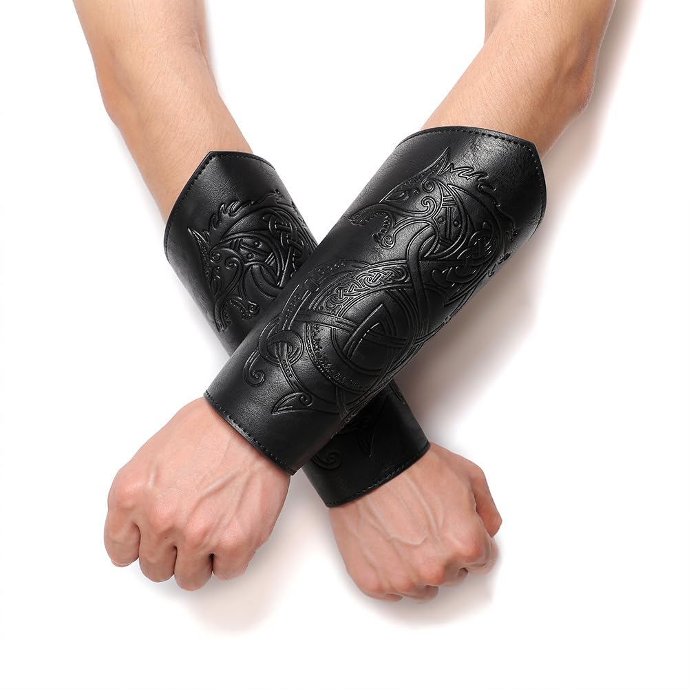 Medieval Leather Bracers - Dragon Embossed Viking Armor Cuffs for LARP, Cosplay & Renaissance Fairs | Authentic Leather Gauntlets for Historical Reenactment & Costume Accessories