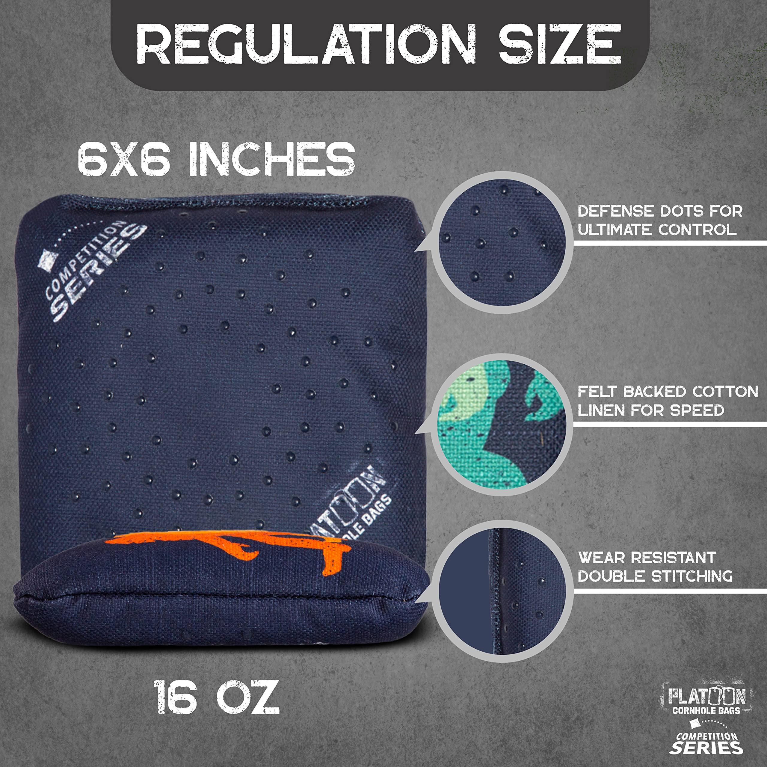 Play Platoon Competition Series Cornhole Bags - Set of 8 Professional Regulation Weight Bean Bags with Double Sided Slick & Sticky Rubber Dots for Cornhole Toss Game | Perfect for Backyard BBQs, Tailgating & Outdoor Parties | Made in USA