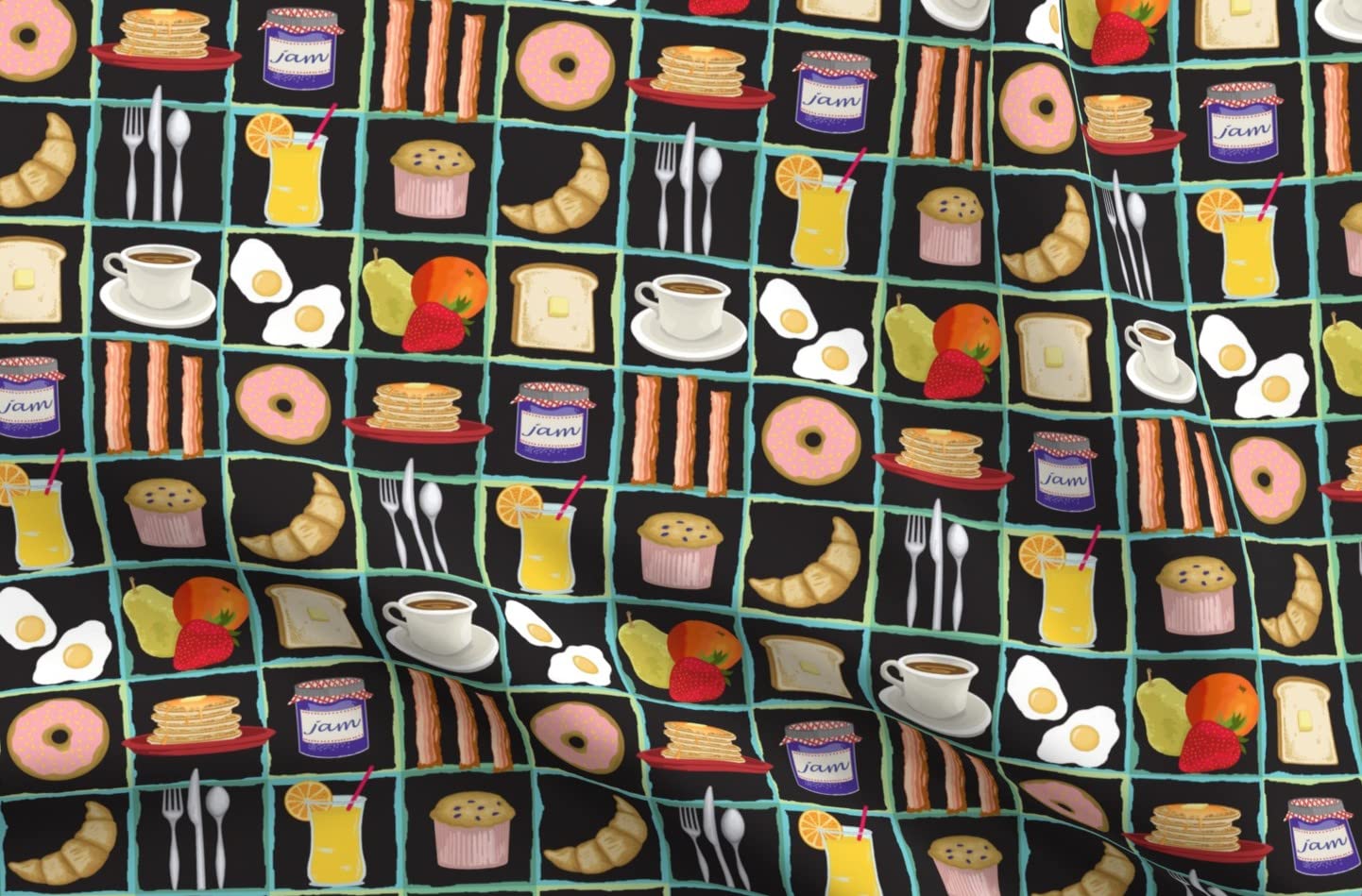 Whimsical Breakfast Pancakes Fruit Coffee Printed Velvet Fabric by The Yard - Upholstery, Home Decor & Apparel Material for Kitchen Curtains, Throw Pillows & DIY Crafts