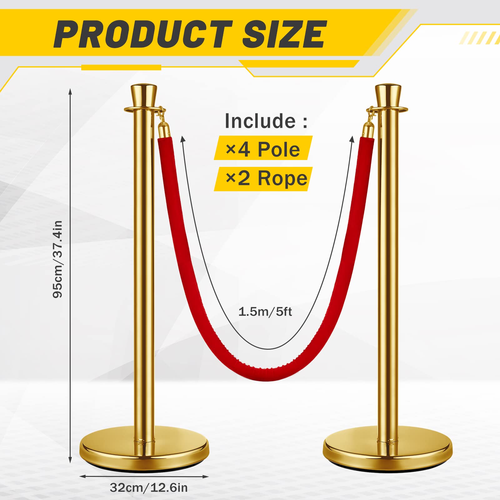Wesiti 4-Pack Stainless Steel Stanchion Posts with 5ft Red Velvet Rope - Gold Crowd Control Barriers for Events, Parties, VIP Areas & Red Carpet Occasions | Perfect for Weddings, Concerts, Museums & Hotel Queue Management