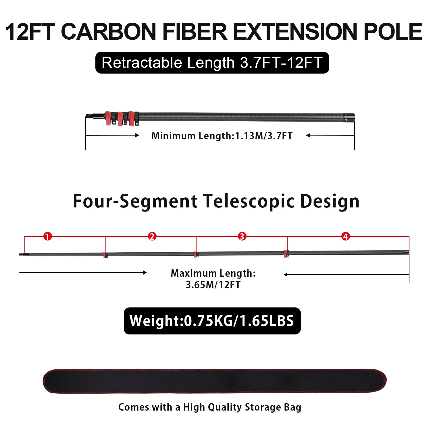 DOBEN 12 FT Carbon Fiber Extension Pole - Lightweight Telescoping Paint Roller Pole with Universal Threaded Head (3.6-12 ft) for Painting, Cleaning & High Reach Tasks - Sturdy Carbon Fiber Construction for Indoor/Outdoor Use