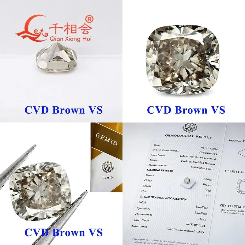 1.5ct Brown CVD Lab Grown Diamond - VS/SI Clarity, Cushion Shape, GEMID Certified Loose Stone for Jewelry Making & Engagement Rings