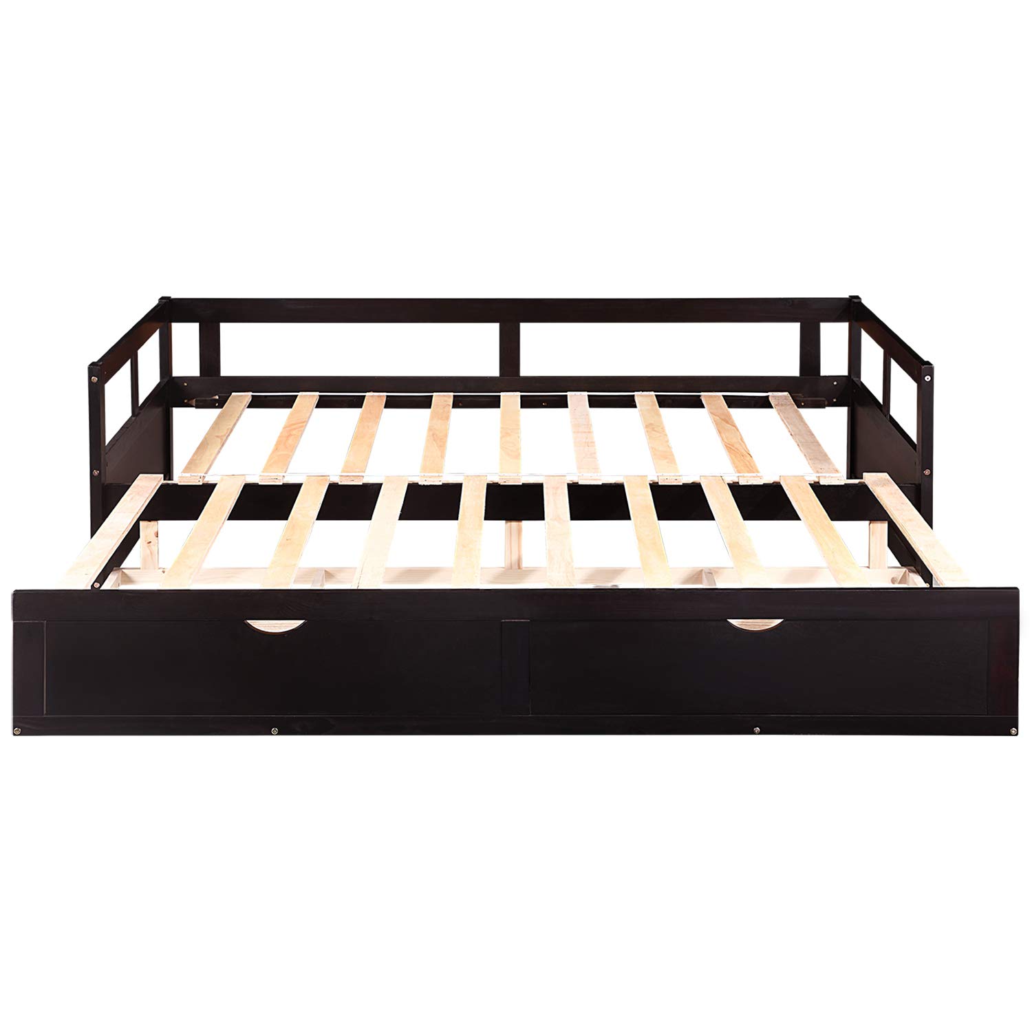 LZ LEISURE ZONE Solid Wood Daybed with Trundle - Twin to King Convertible Sofa Bed with 2 Storage Drawers - Espresso Finish for Bedroom, Living Room & Guest Room - Space Saving Multi-Functional Furniture for Small Apartments and Home Offices