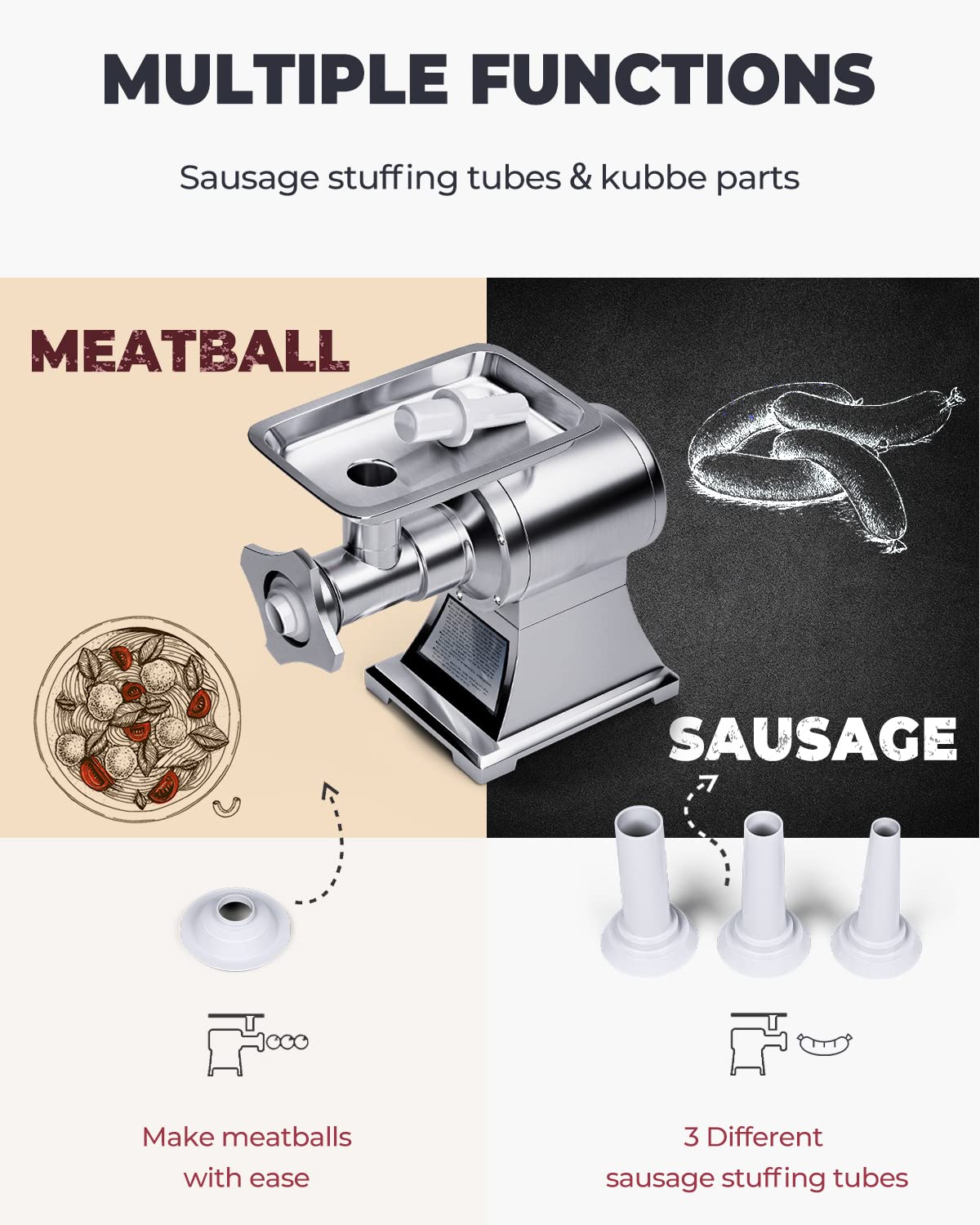 1100W Electric Meat Grinder - 3-in-1 Heavy Duty Meat Mincer & Sausage Stuffer with 2 Grinding Plates, 3 Sausage Tubes & Kubbe Kit - Stainless Steel Food Grinder for Home Kitchen & Commercial Use - Perfect for Ground Beef, Sausage Making & Food Prep
