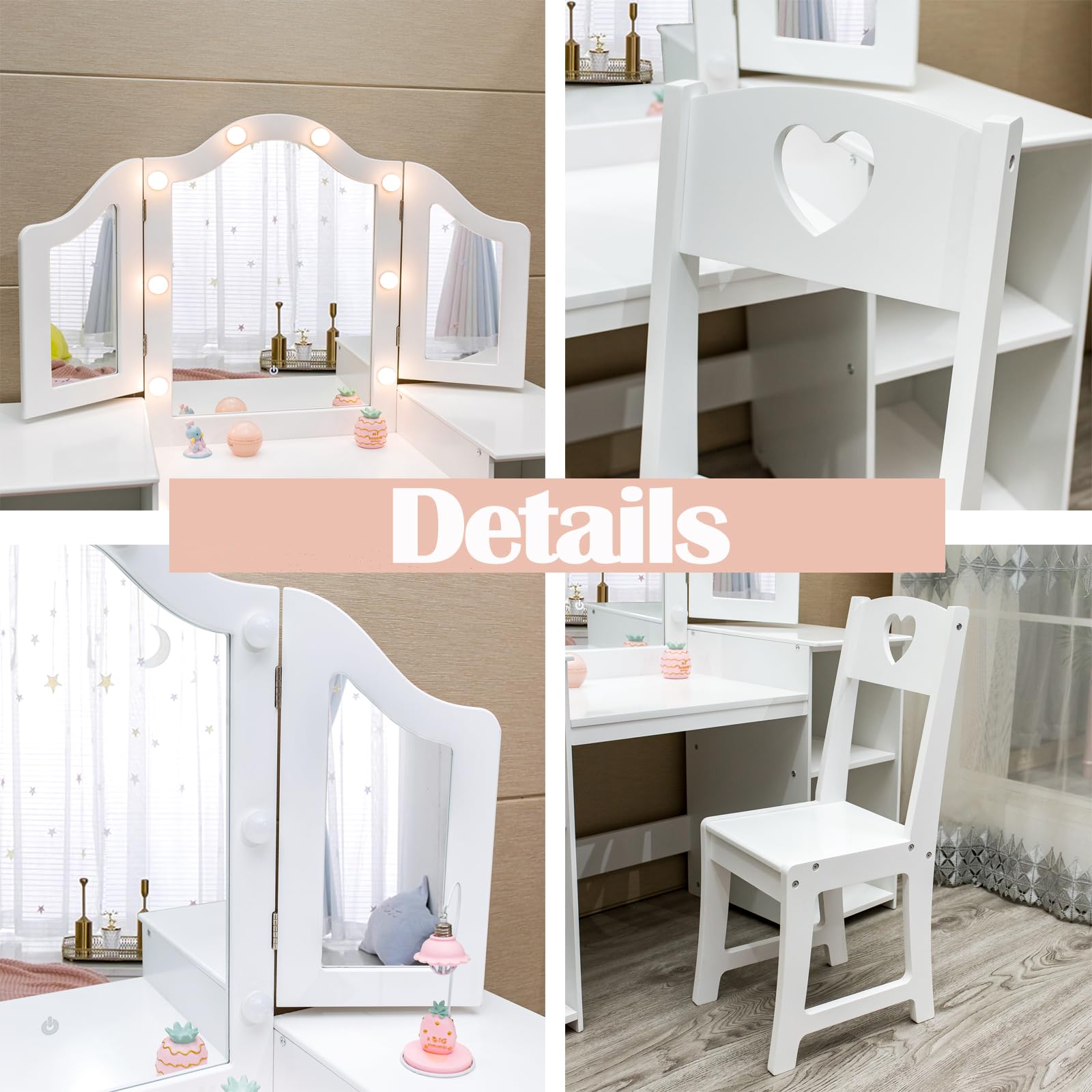 Princess Makeup Vanity Set for Girls - Kids Wooden Vanity Table with Touch Light, Detachable Tri-Folding Mirror & Storage Shelves - Toddler Pretend Play Dressing Desk & Chair - Perfect for Bedroom Decor & Role Play Gifts