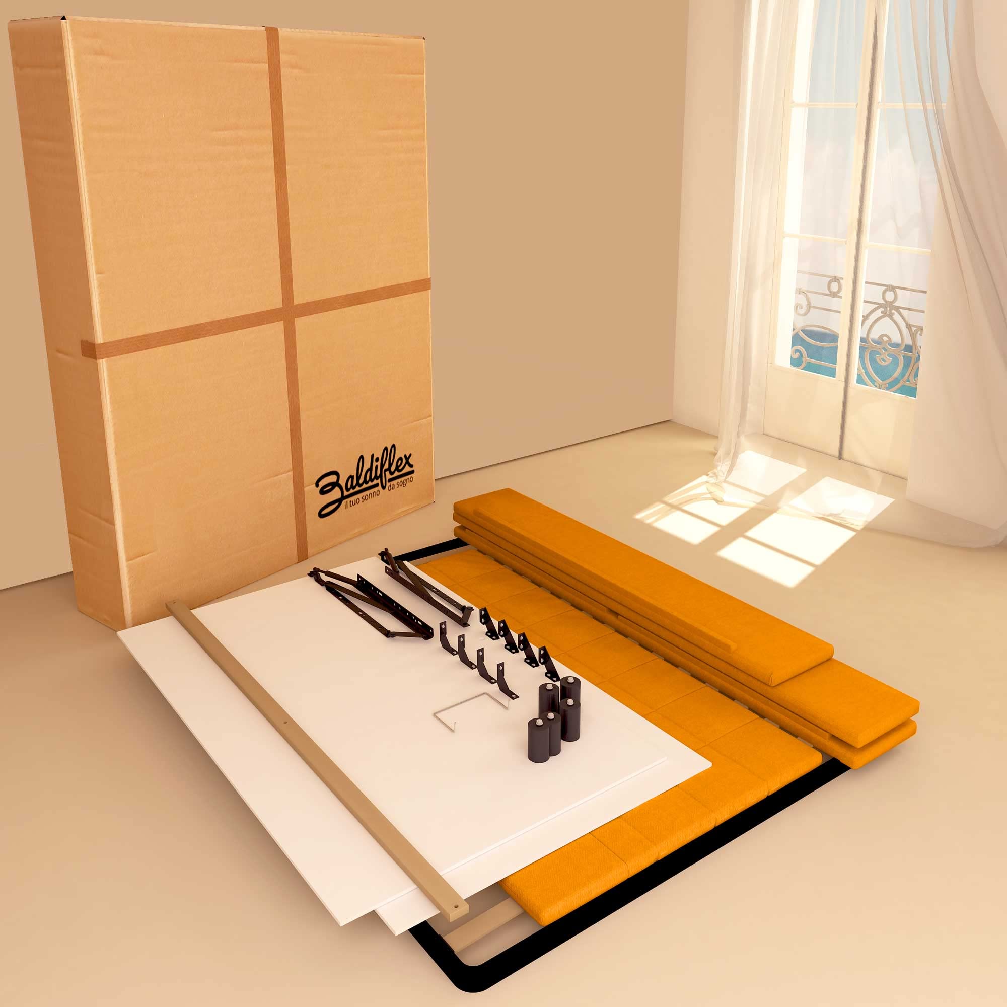 Baldiflex Dublin Fabric Double Bed Frame with Storage, Slatted Base for Single Mattresses, 140 x 190 cm, Elegant Headboard in Mango Color - Perfect for Small Bedrooms & Guest Rooms