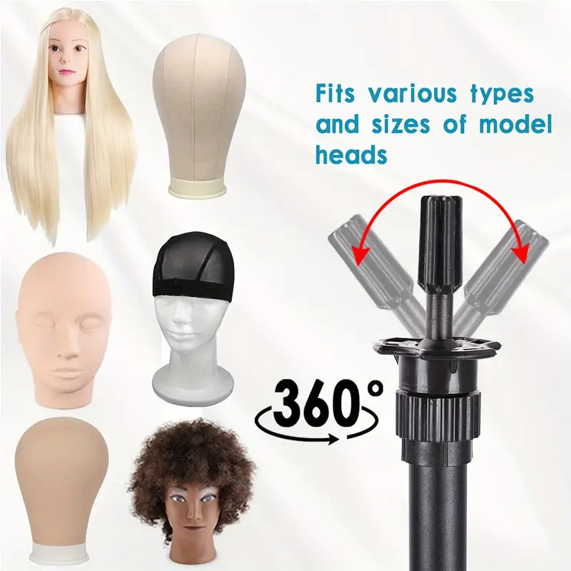 Multifunction Triple Wig Tripod Stand - Lightweight & Adjustable Black Wig Display Holder for Styling, Photography, and Salon Use