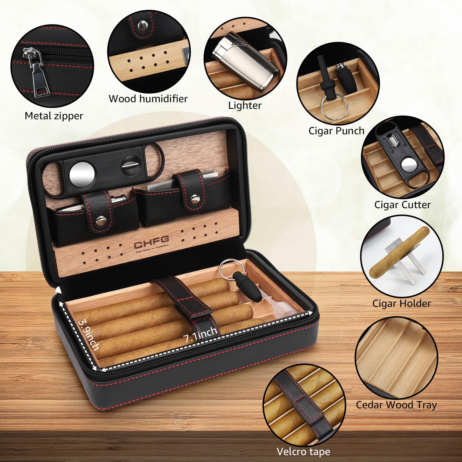 Premium Leather Cigar Case with Cedar Wood Travel Humidor - Portable Cigar Box Set Includes Cigar Lighter Accessories (Holds 4 Cigars) - Perfect Gift for Men & Cigar Enthusiasts - Ideal for Travel, Business Gifts & Special Occasions (Black)