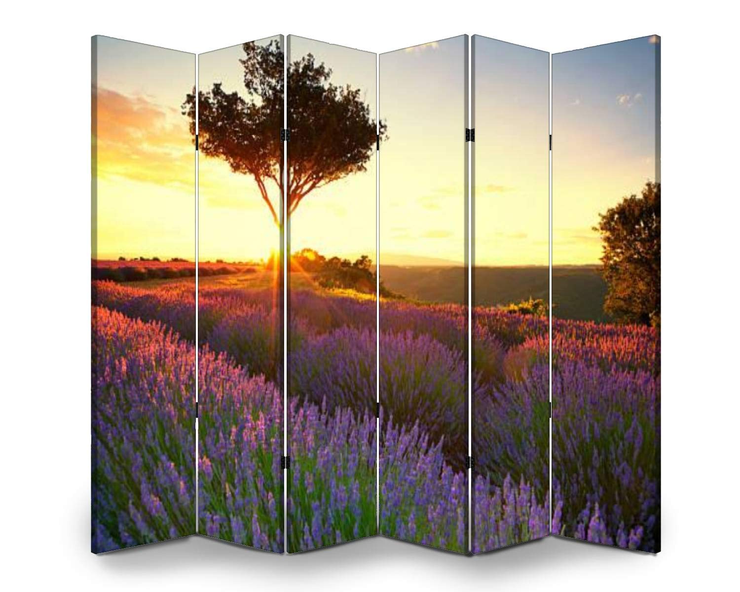 Wooden Room Divider - 6 Panel Folding Privacy Screen with Lavender Sunset Canvas Design | Dual-Sided Partition for Home Office, Bedroom & Living Room Decor | Indoor Display Shelves & Space Separator