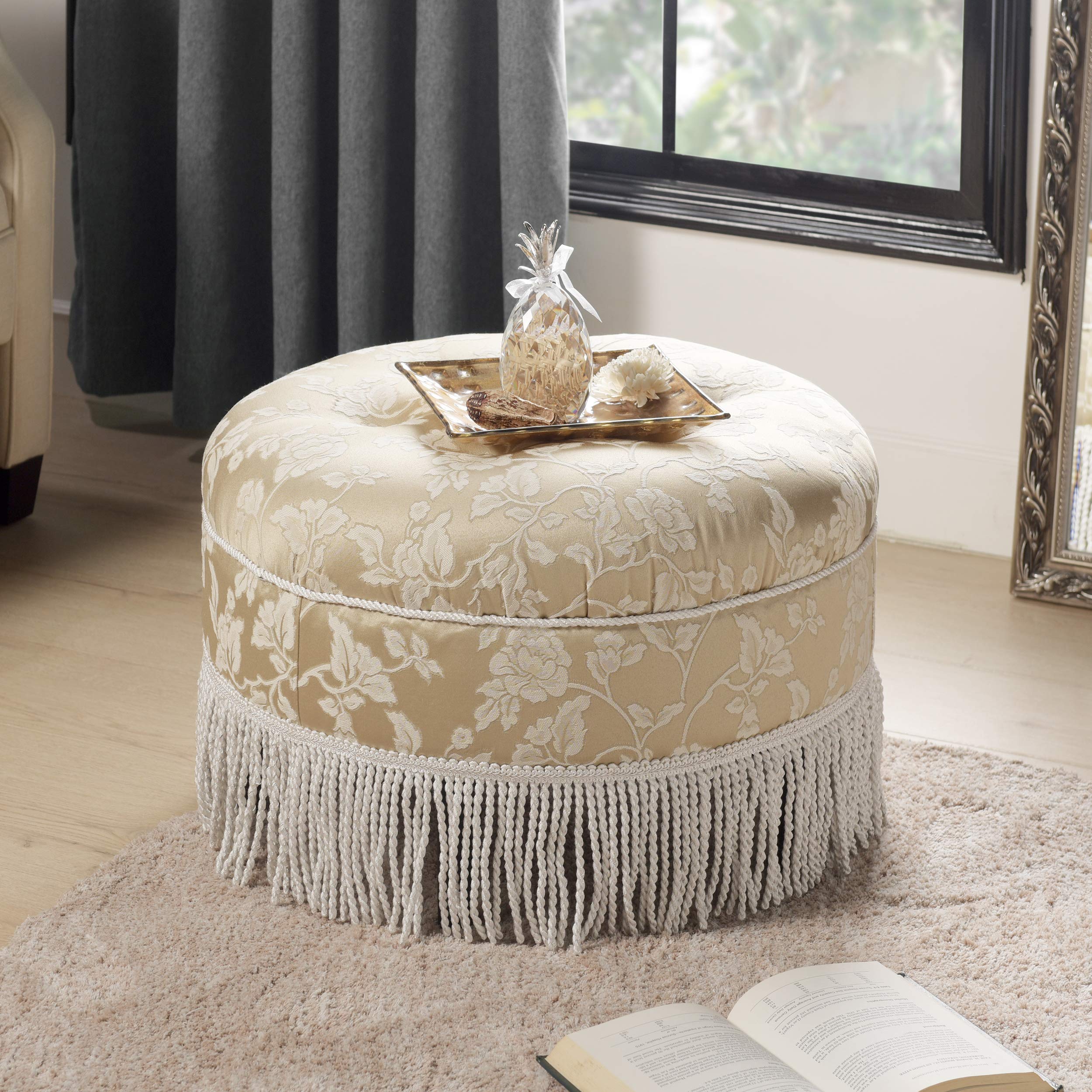 Jennifer Taylor Home Yolanda Collection Traditional Modern Cotton Blend Hand-Tufted Round Ottoman with Cord & Fringe - Neutral 24