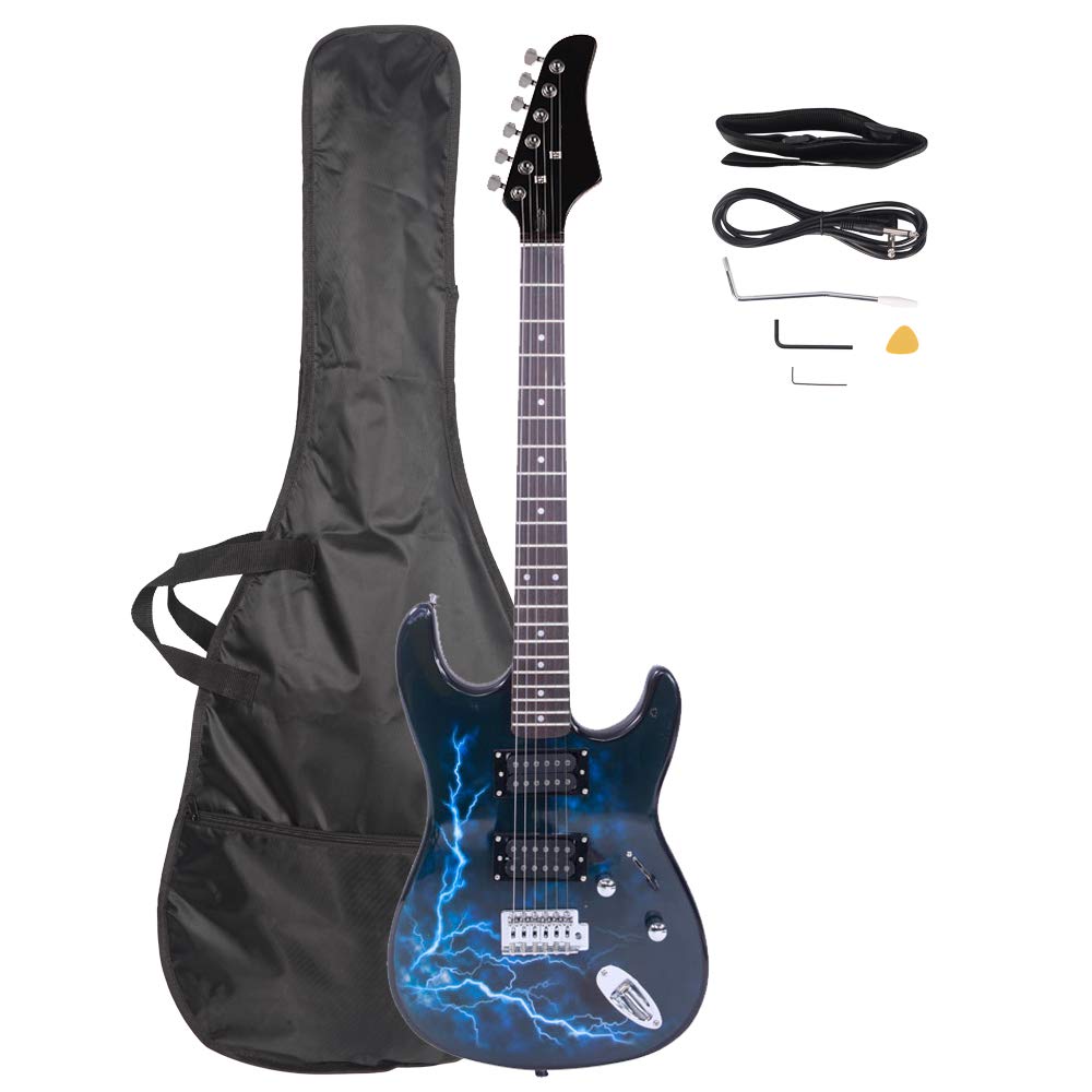 Bysesion Lightning Style Electric Guitar with Power Cord, Strap, Gig Bag & Plectrums - Black & Dark Blue Finish for Rock, Metal & Stage Performances