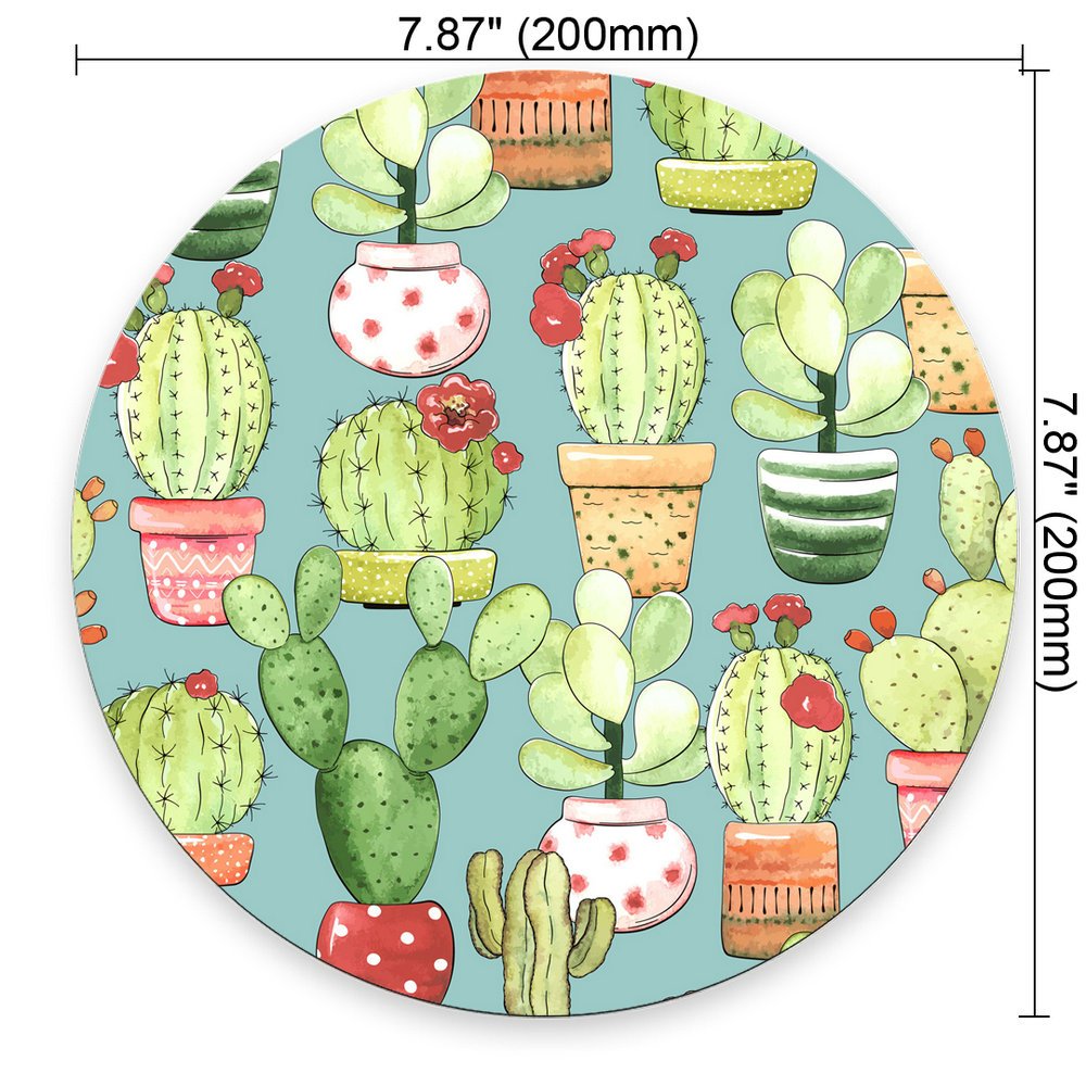 Non-Slip Rubber Round Mouse Pad with Cacti in Pots Design - 7.87 Inch Turquoise Gaming & Office Desk Accessory for Computer, Laptop, Home & Workstation Use
