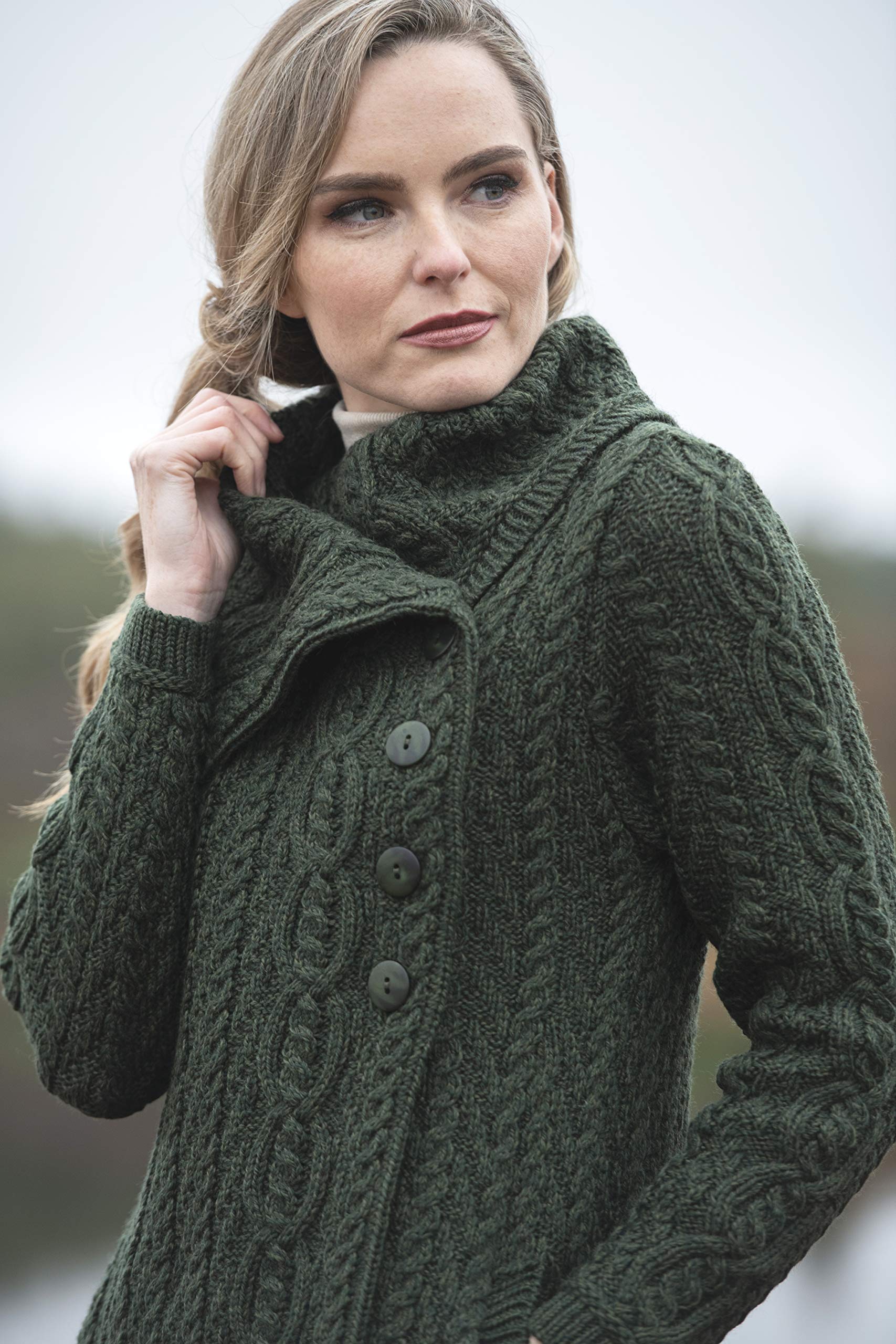 Aran Crafts Women's Cable Knit Soft Collar 3 Button Coat - 100% Merino Wool Winter Jacket for Women | Warm & Stylish Outerwear for Fall, Winter & Holiday Season