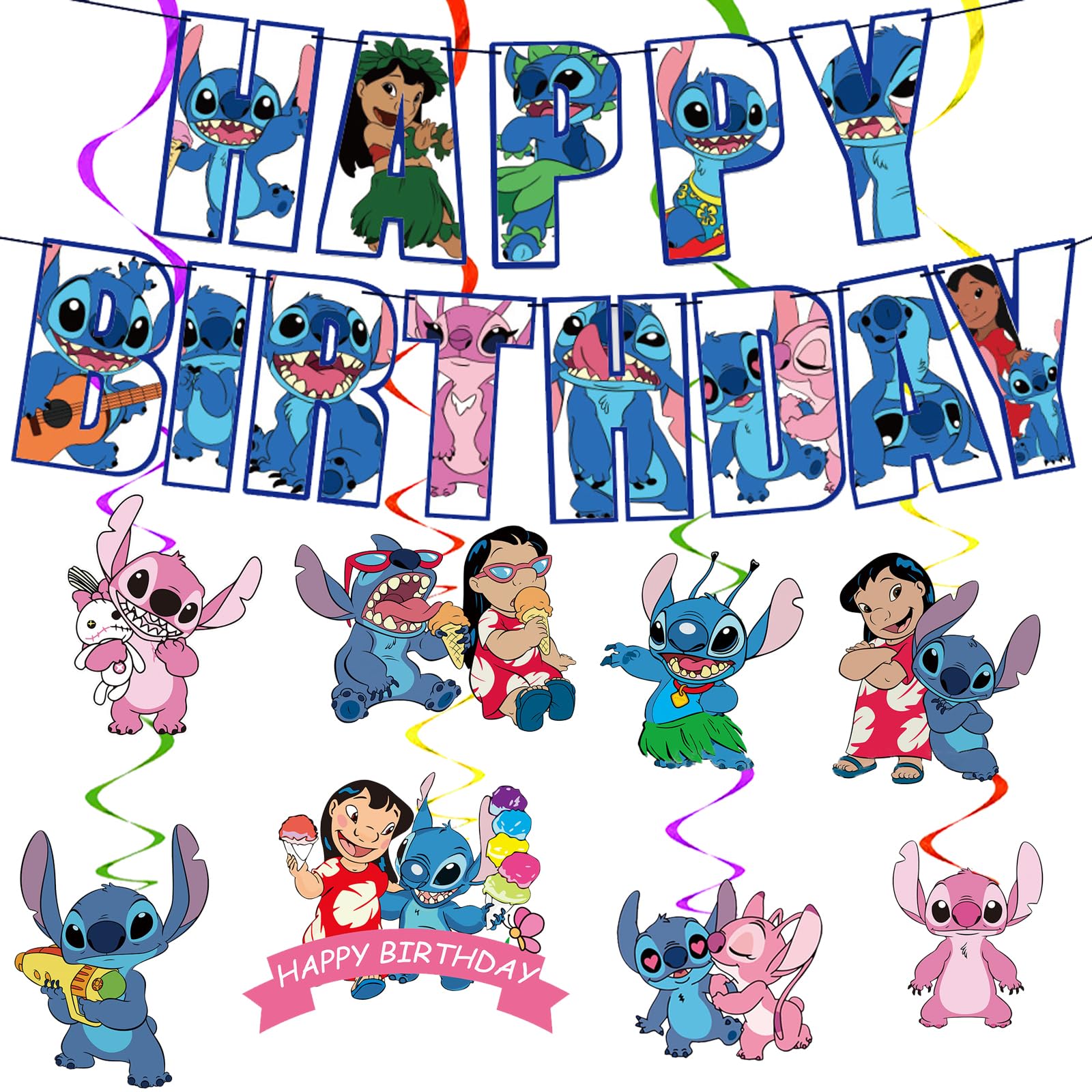 Lilo & Stitch Birthday Party Decorations Set - Happy Birthday Banner, Ceiling Streamers & Hanging Swirls for Disney Themed Parties, Baby Showers & Kids Room Decor