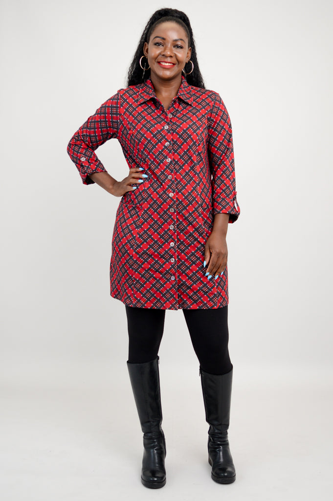Charlie Tunic - Cherry Plaid Bamboo Top | Women's Comfortable Casual Shirt | Perfect for Office Wear & Weekend Outfits