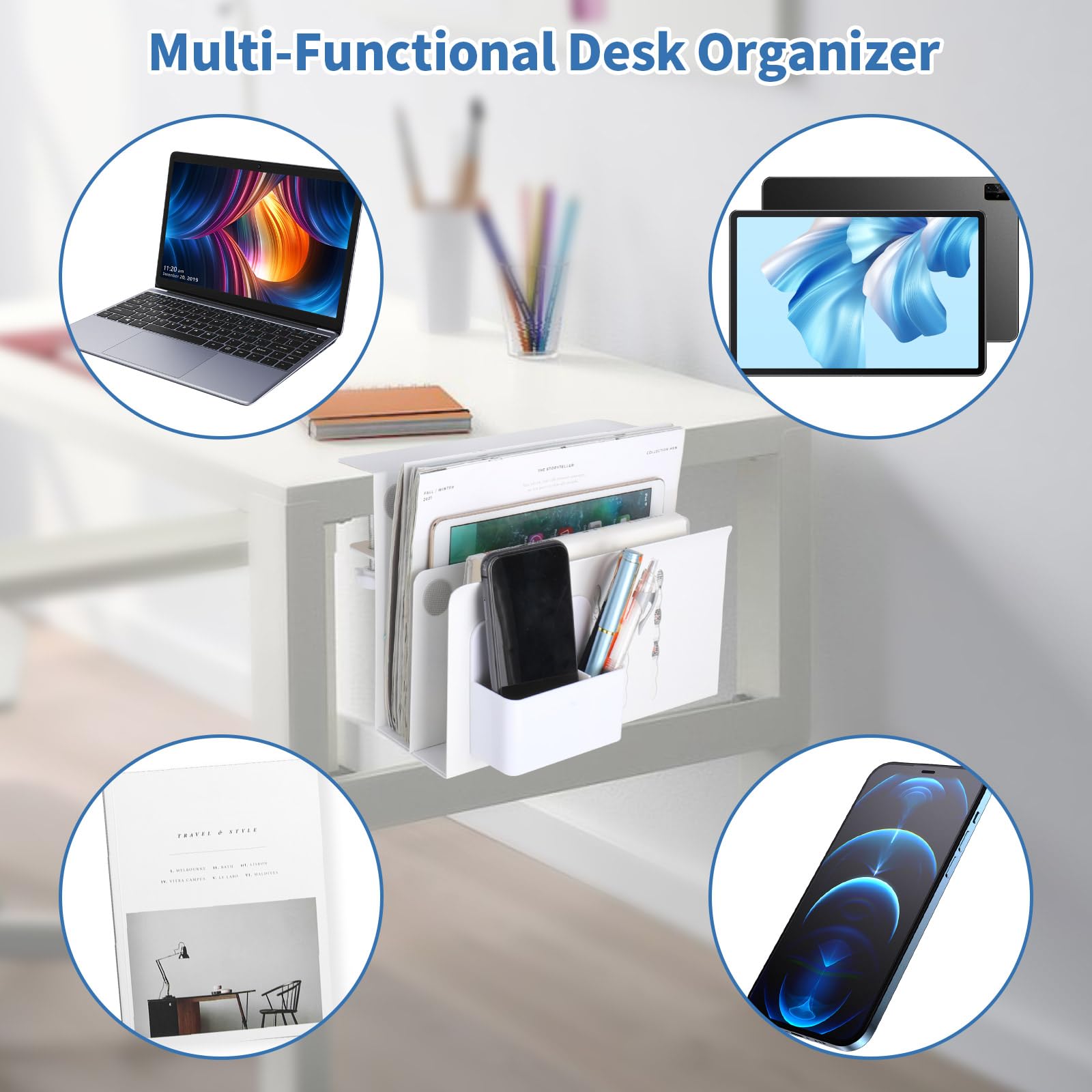 2 Tier Under Desk Organizer with Magnetic Pen Holder - No Drill Clamp-On Laptop & Office Storage for Tables (0.3