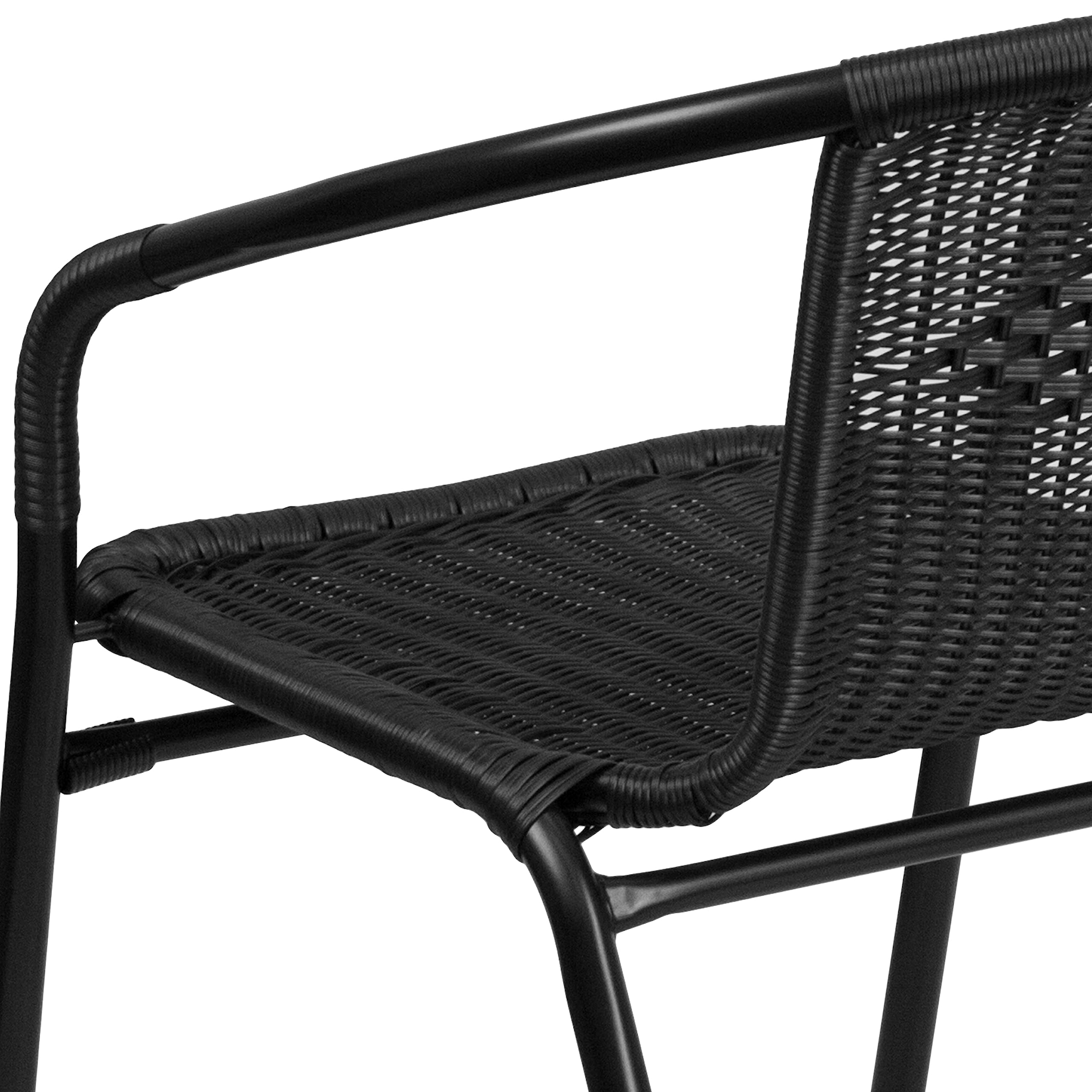 Flash Furniture Lila Modern Rattan Stackable Dining Chairs - Indoor/Outdoor Use - Set of 4 Black Bistro Chairs for Patio, Restaurant, Cafe or Garden Dining - Weather-Resistant & Space-Saving Design