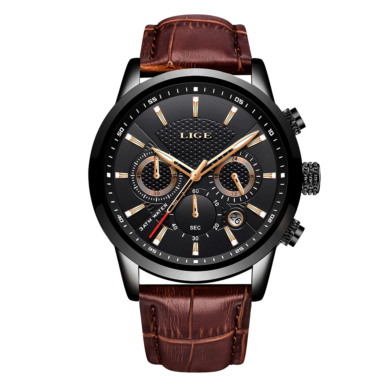 LIGE Men's Chronograph Watch - Waterproof Analog Quartz Stainless Steel Business Watch with Leather Strap | Perfect for Office, Formal Events & Everyday Wear