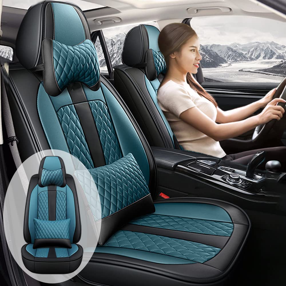 Premium Genuine Leather Car Seat Covers for Nissan Juke Acenta - Waterproof, Scratch-Resistant, Non-Slip Design with Airbag Compatibility (Full Set, Black/Blue) - Perfect for Daily Commuting, Road Trips & Car Interior Protection