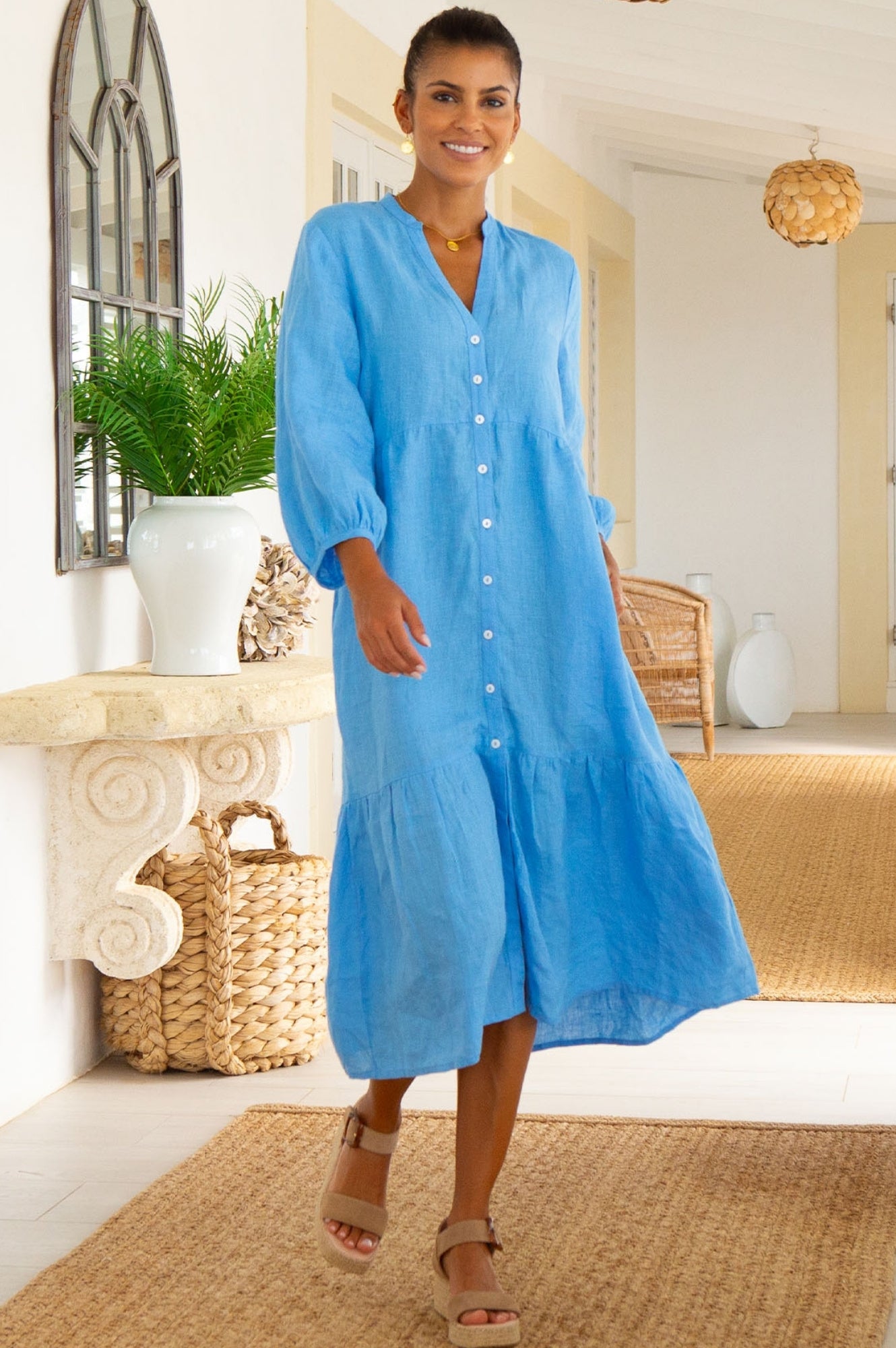 Charlotte Linen Dress Women's Summer Casual Cornflower Blue Flowy Maxi Dress - Perfect for Beach Vacation, Garden Party & Boho Chic Outfits