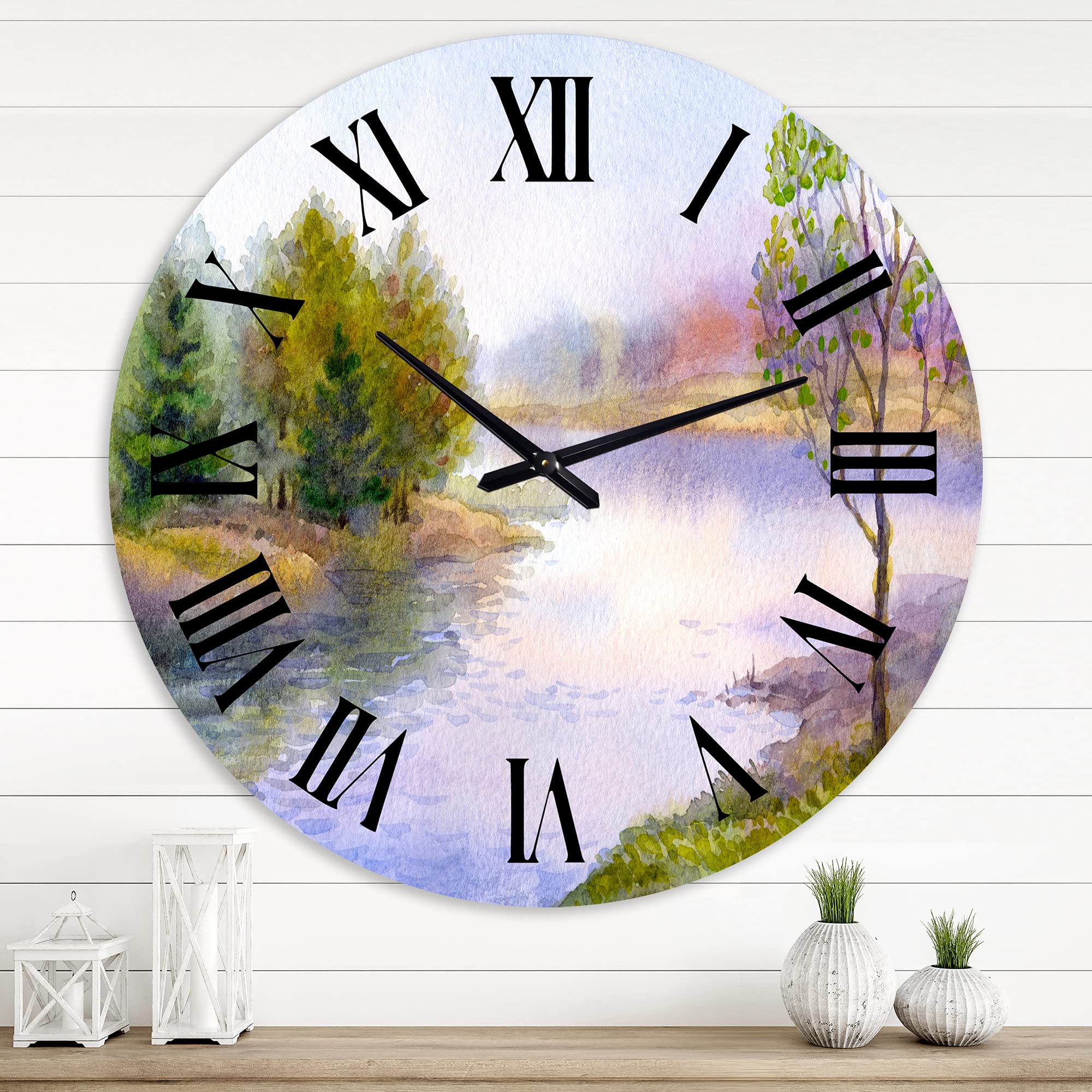 DesignQ Lake House Wall Clock - Large Single Tree on River Bank Landscape Wall Art for Office & Home Decor | Perfect for Living Room, Bedroom, or Cabin Wall Décor