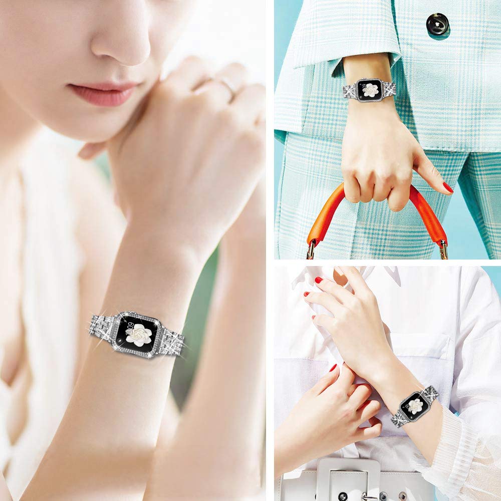 Premium Apple Watch Band Compatible with Ultra 2/SE/Series 1-10 (38mm-49mm) - 2 Pack Bling Crystal Diamond Case Cover - Stylish Durable Replacement Straps for Women - Perfect for Workouts, Office & Fashion Accessories
